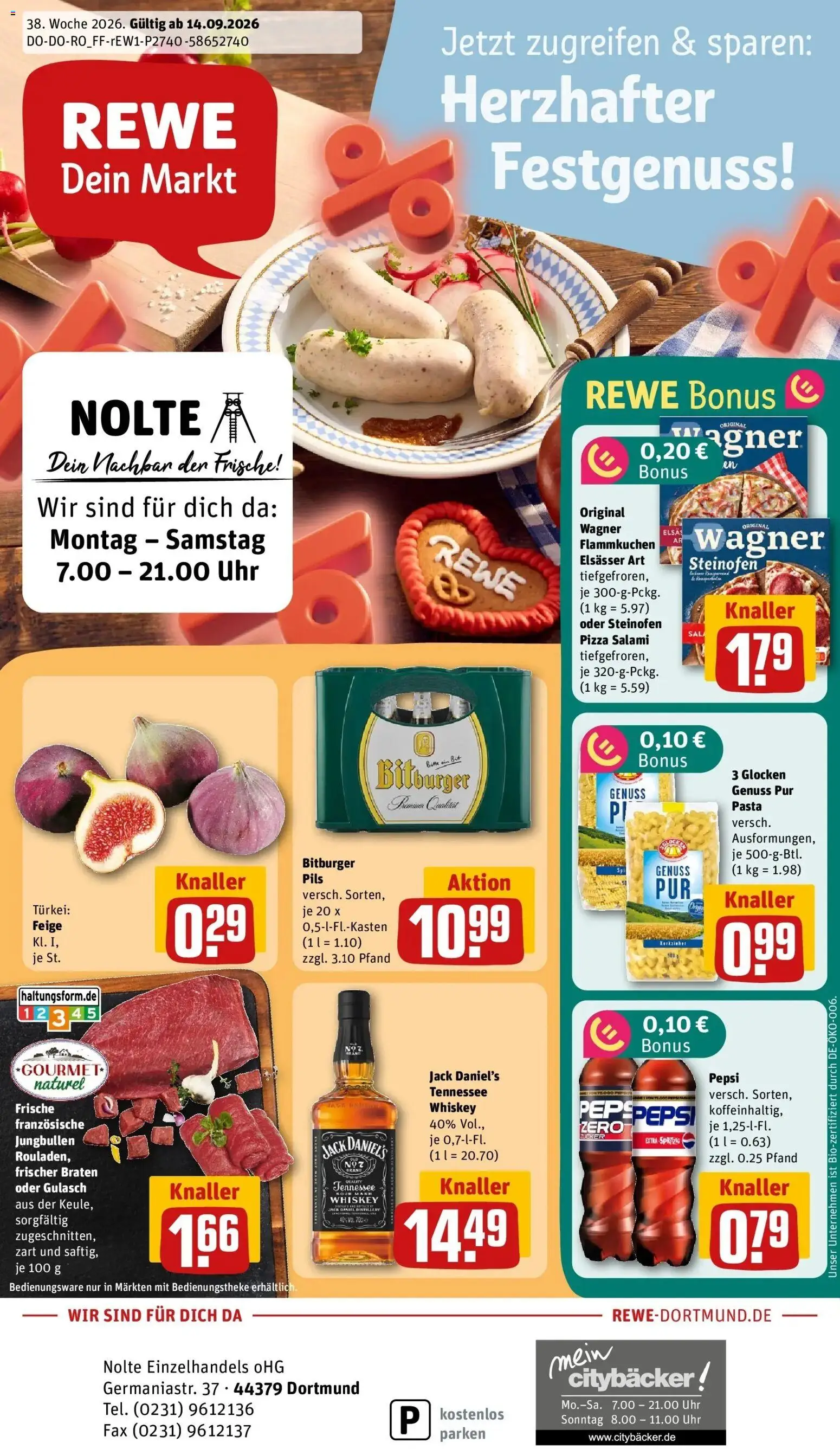 REWE Prospekt ab 14.09.2026 zum Blättern » Angebote | Seite: 1 | Produkte: Bitburger, Pasta, Salami, Whiskey