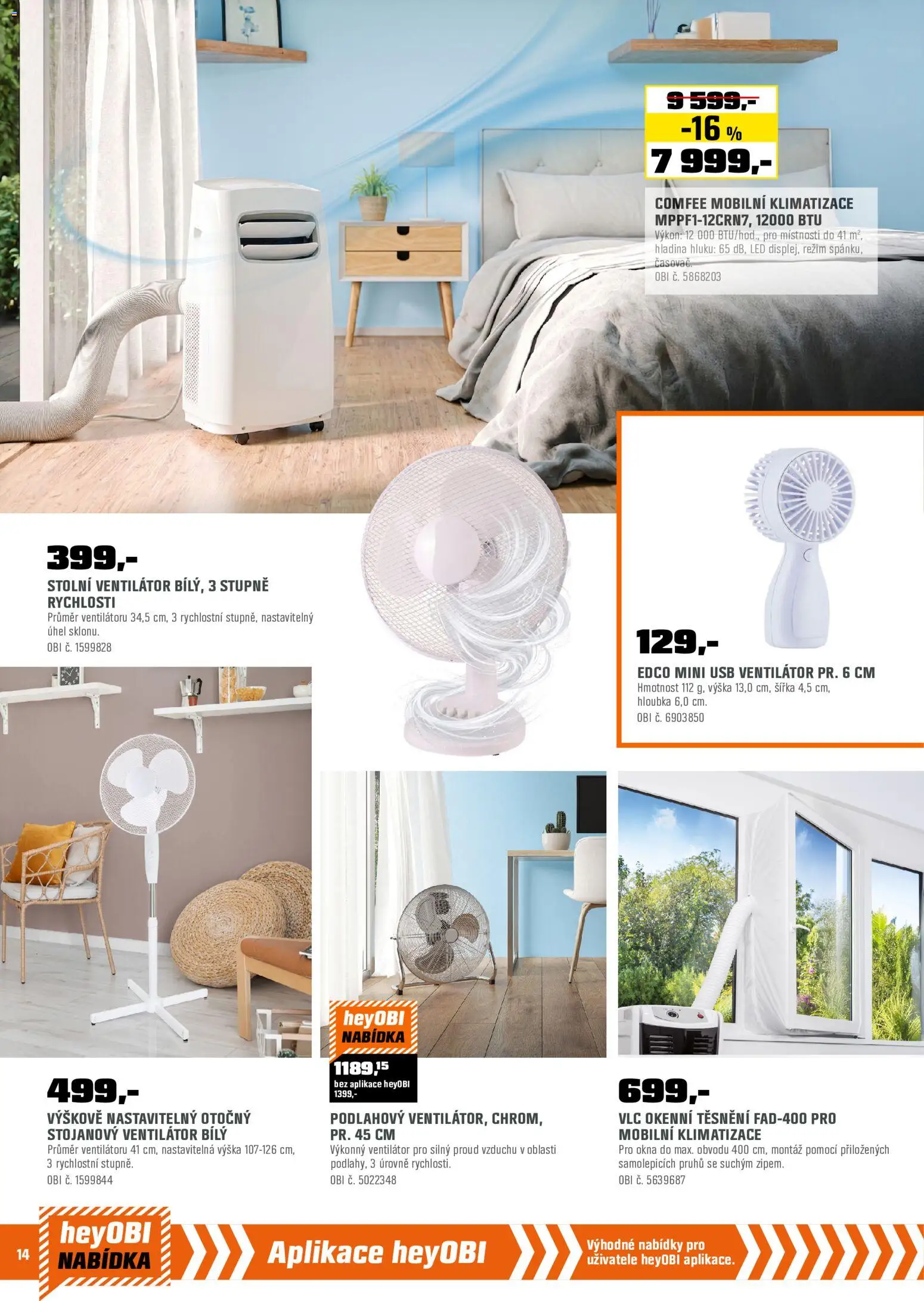 OBI leták - Vstříc letním proměnám od 01.06.2026 | Strana: 14 | Produkty: Mobilní klimatizace, USB, Ventilátor, LED