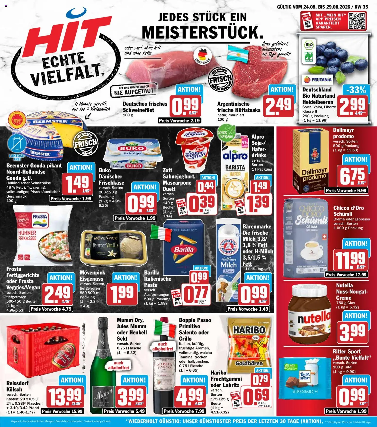 HIT Prospekt – gültig ab 24.08.2026 | Seite: 1 | Produkte: Schweinefilet, Pasta, Reis, Frischkase