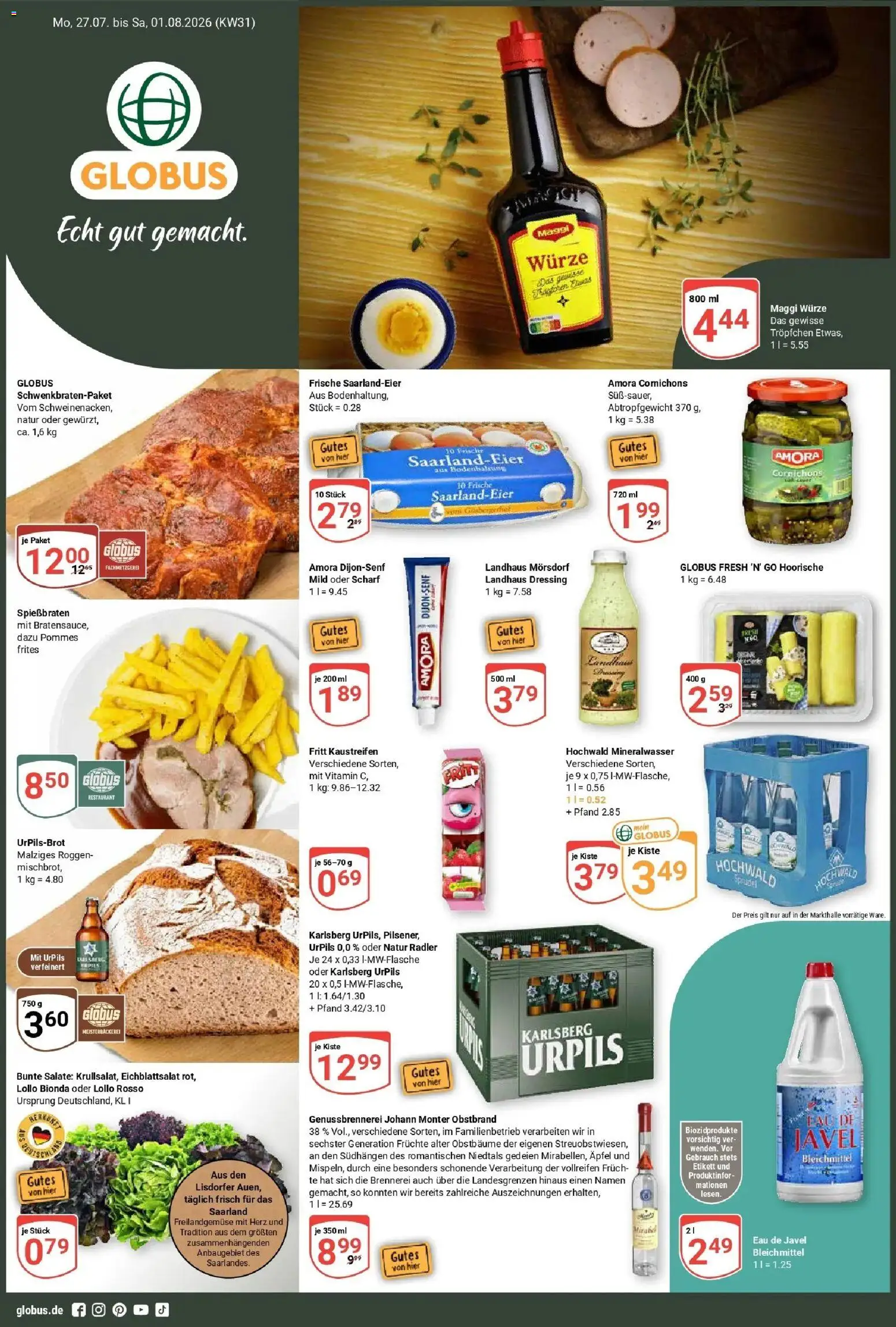 Globus Prospekt Neunkirchen – gültig ab 27.07.2026 | Seite: 1 | Produkte: Pommes, Dressing, Mineralwasser, Radler