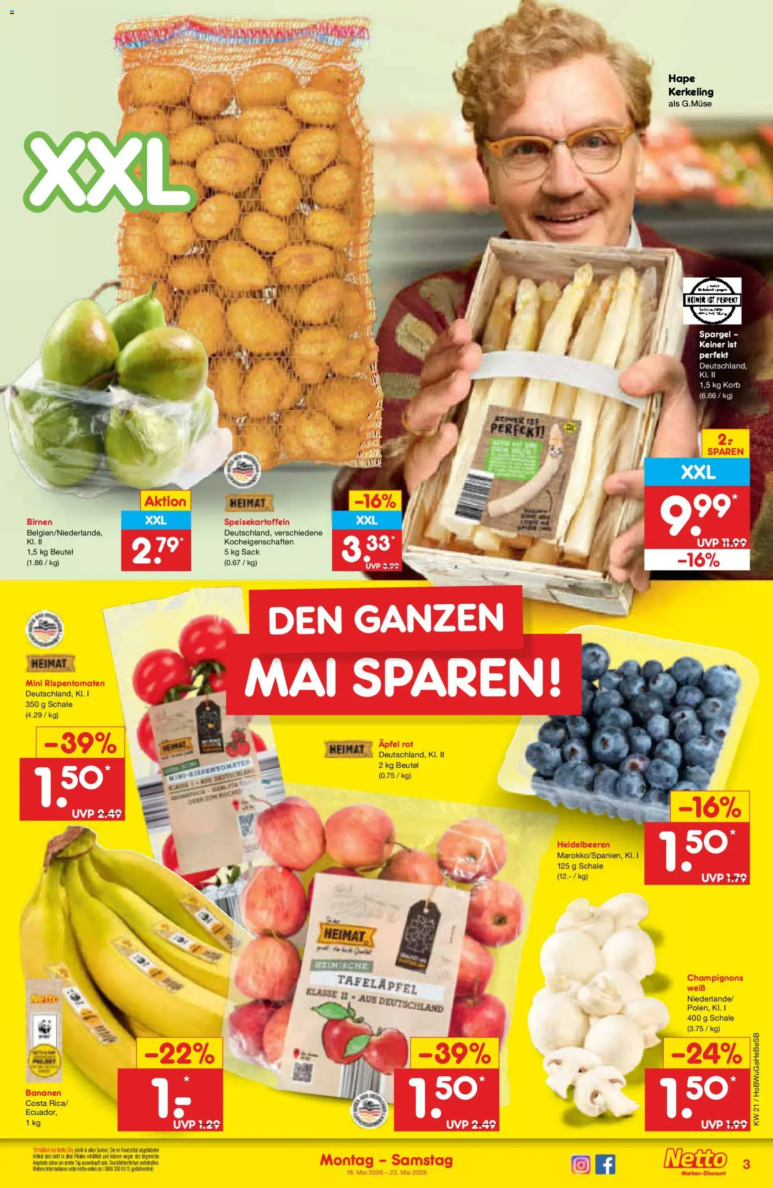 Netto Marken-Discount Prospekt 	 – gültig ab 18.05.2026 | Seite: 3 | Produkte: Korb, Äpfel, Bananen, Champignons