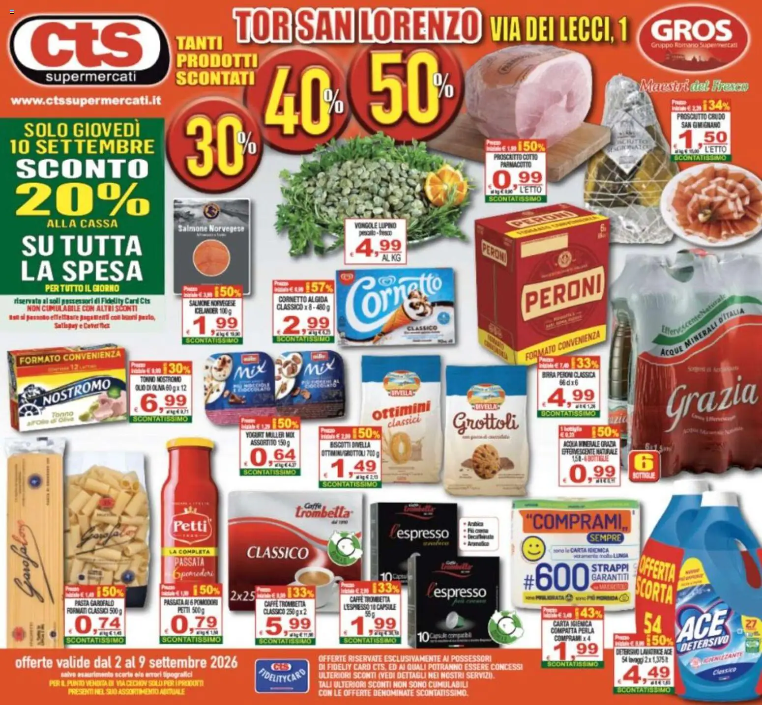 Volantino CTS del 02/09/2026 | Pagina: 1 | Prodotti: Biscotti, Prosciutto, Lavatrice, Tonno