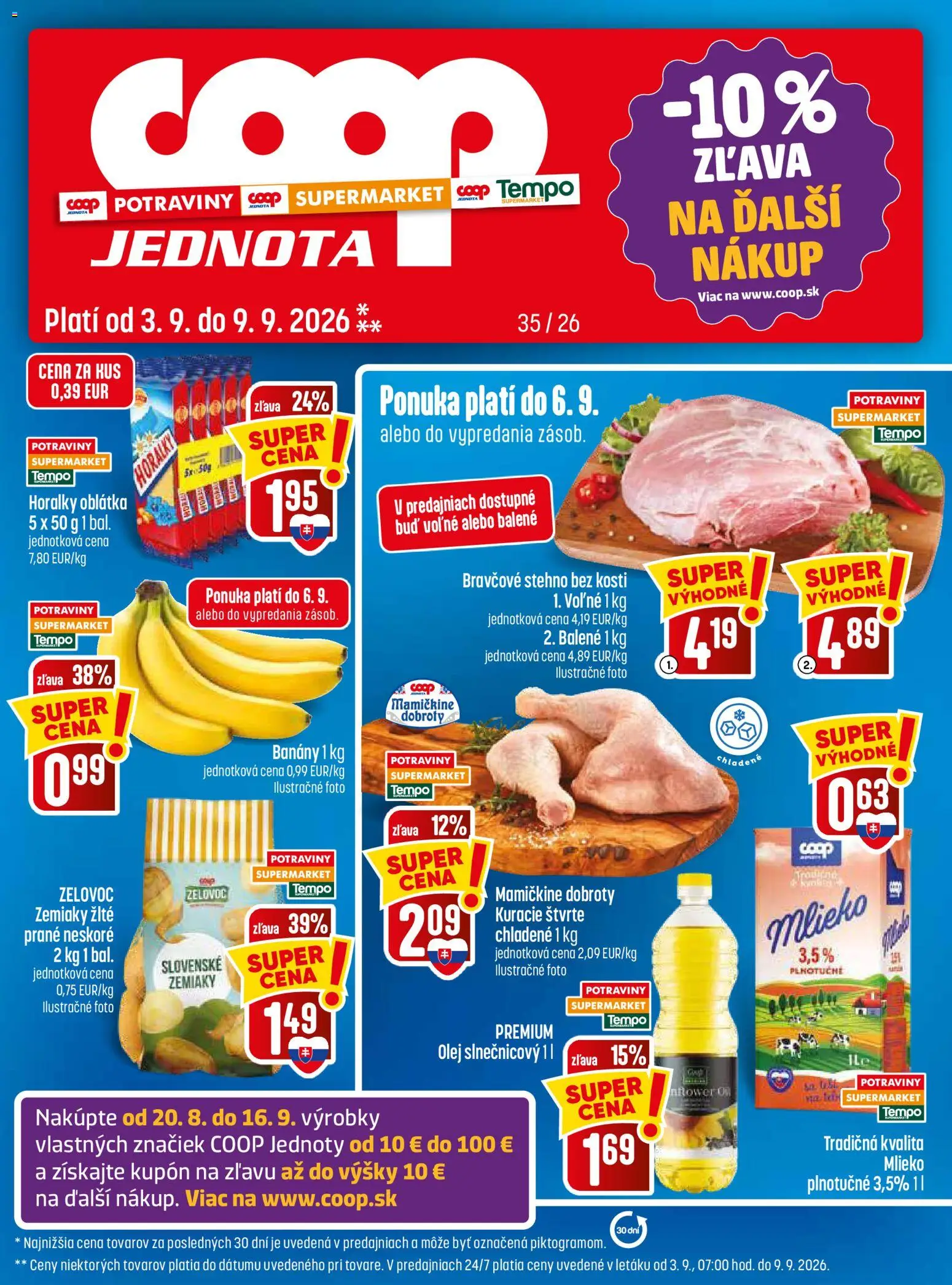 Nové COOP Jednota akcie – leták je platný od 03.09.2026 | Strana: 1 | Produkty: Olej, Banány, Kuracie štvrte, Zemiaky