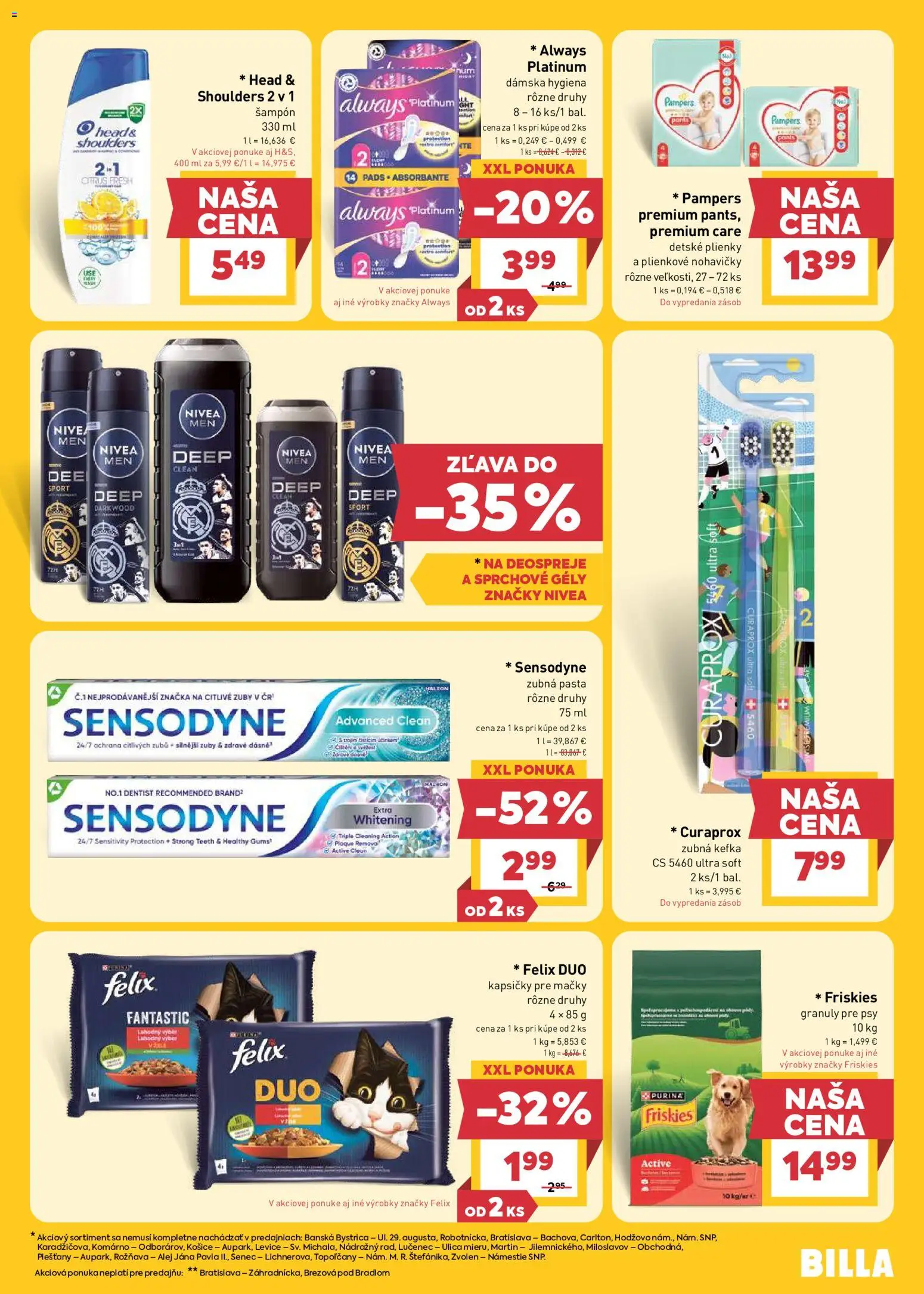 Nové Billa akcie – leták je platný od 13.05.2026 | Strana: 23 | Produkty: Zubná kefka, Felix, Friskies, Plienky