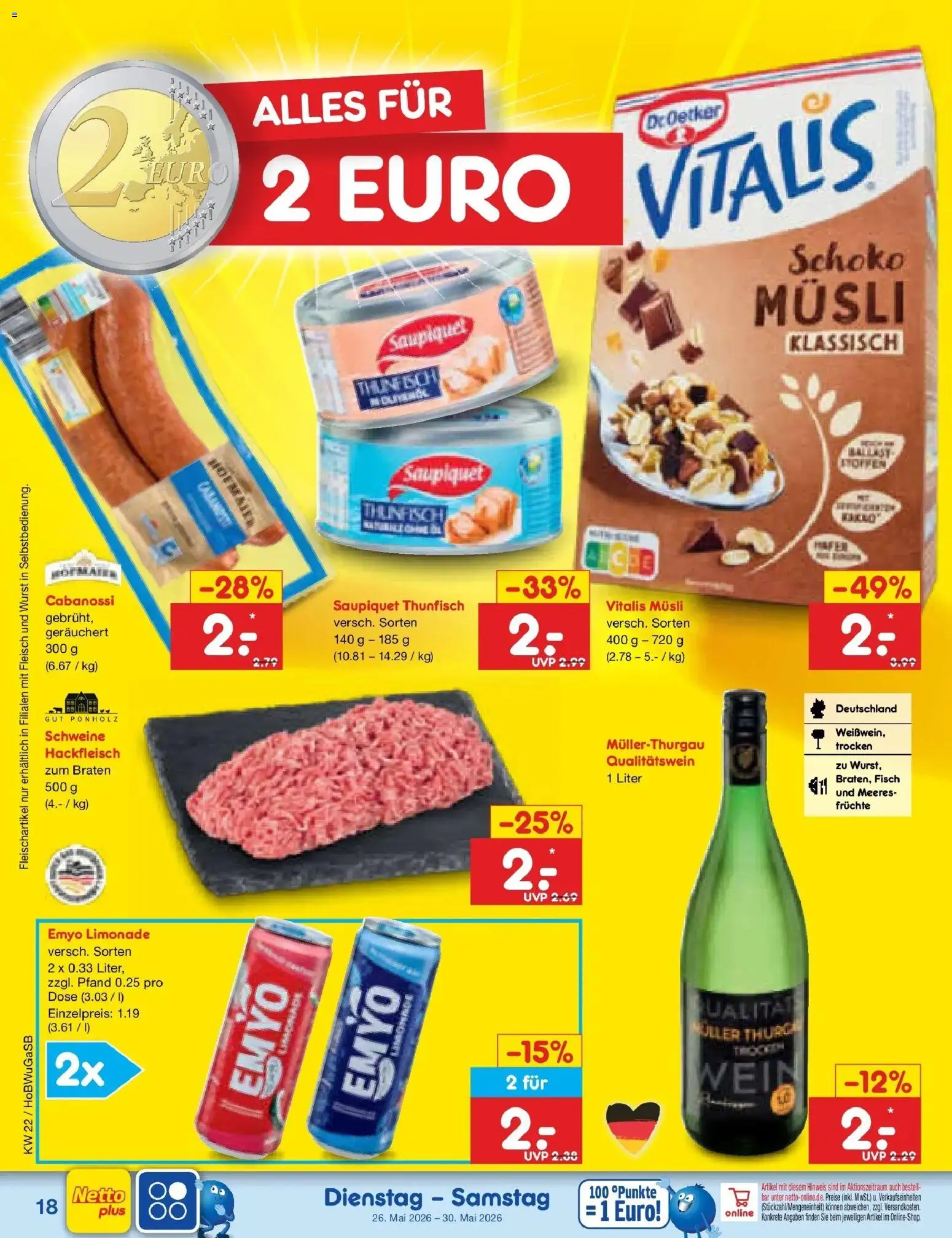 Netto Marken-Discount Prospekt Bremen-Lesum – gültig ab 26.05.2026 | Seite: 22 | Produkte: Musli, Thunfisch, Limonade, Wurst
