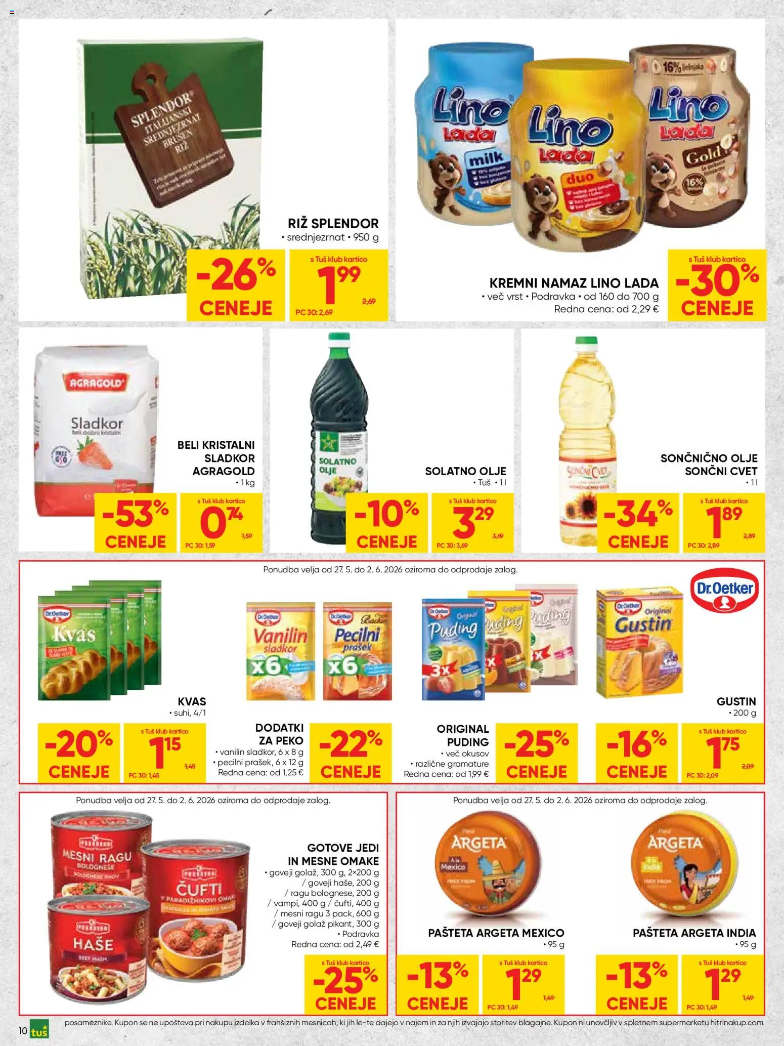 Novi Tuš katalog ponudbe – veljaven od 27.05.2026 | Stran: 10 | Izdelki: Prašek, Puding, Riz, Sladkor