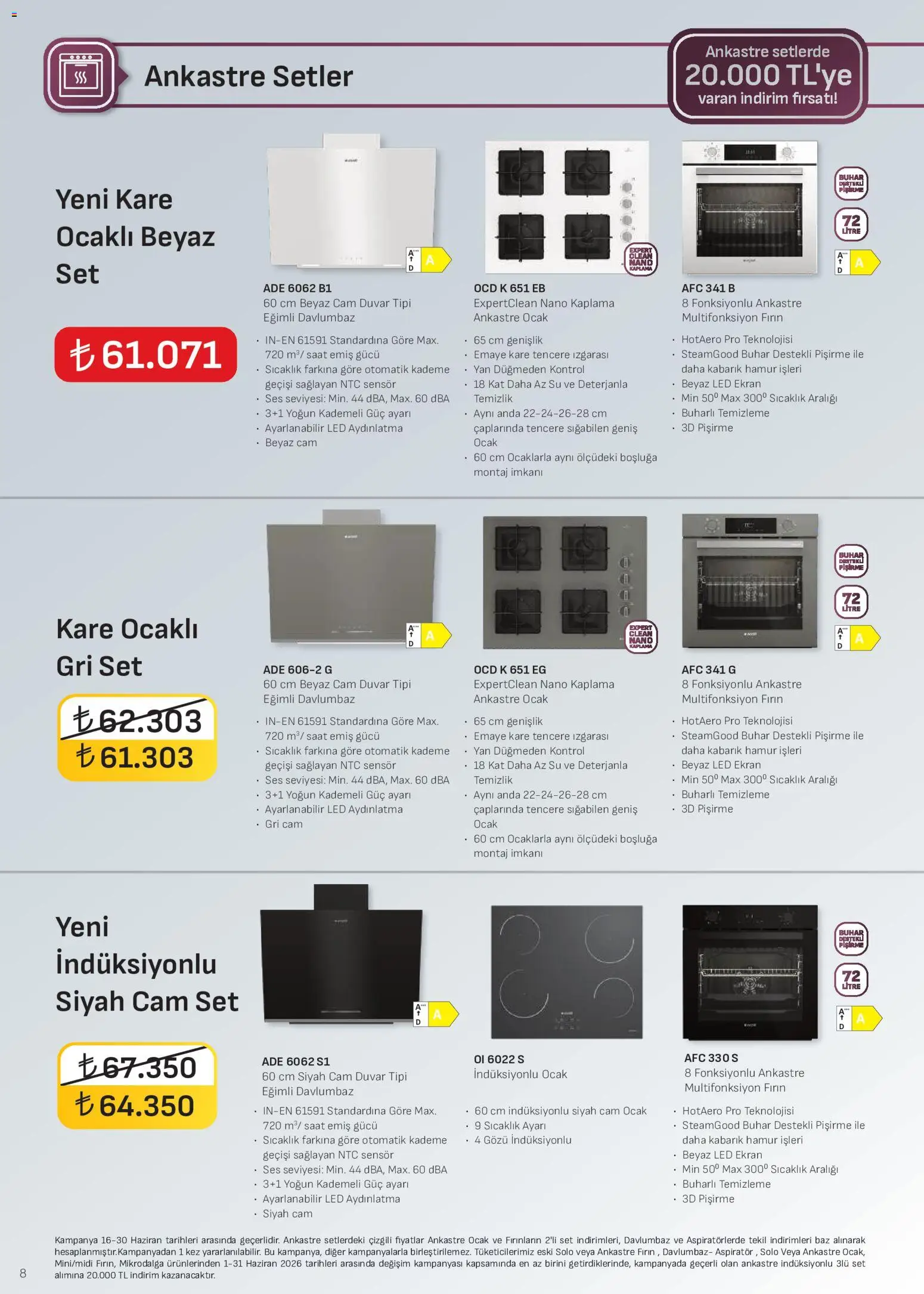 Arçelik - Ankastre Kataloğu - 16.06.2026 tarihinden itibaren geçerlidir | Sayfa: 8 | Ürünler: Davlumbaz, Saat, Fırın, Ocak