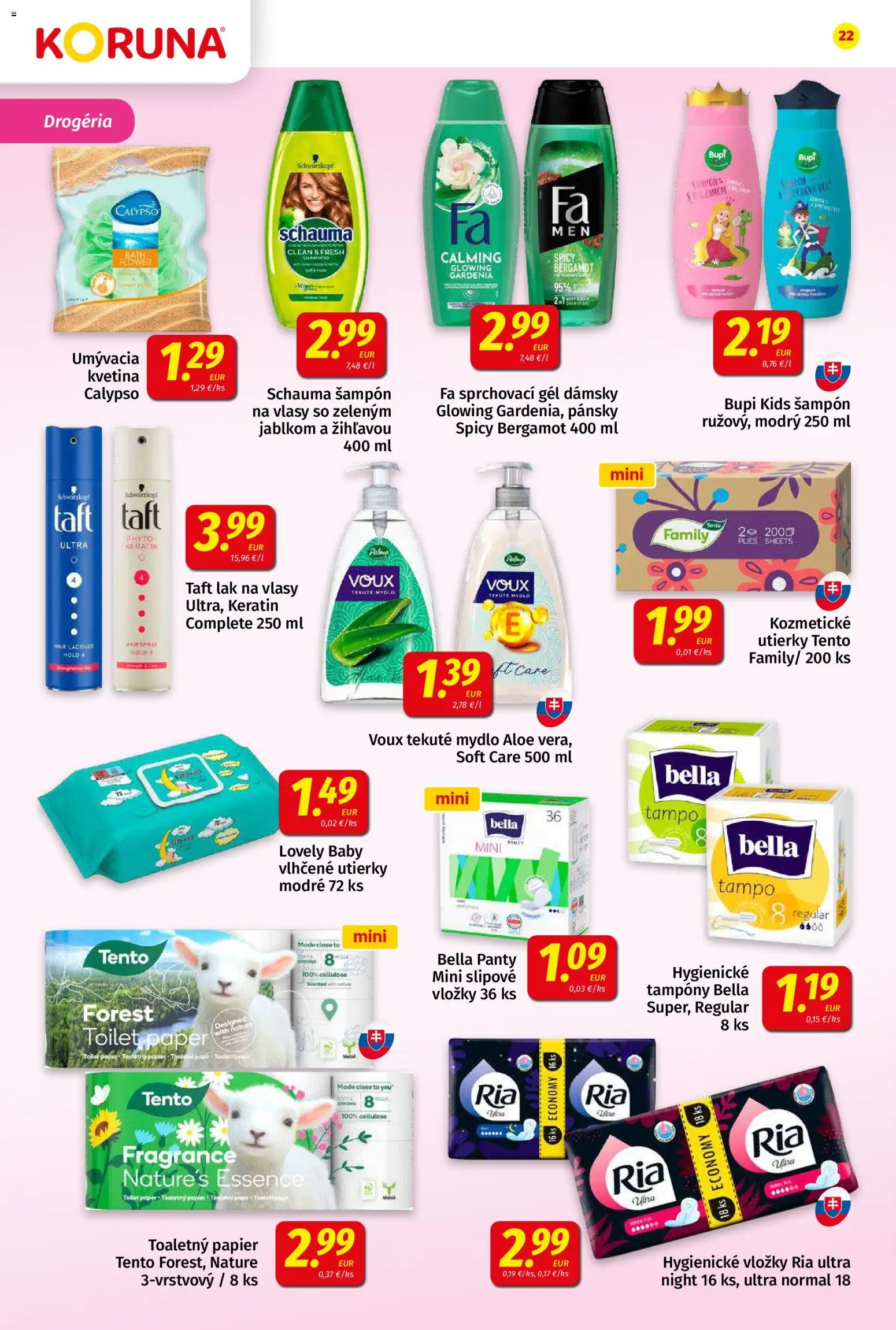 Nové Koruna akcie – leták je platný od 08.05.2026 | Strana: 22 | Produkty: Šampón, Toaletný papier, Lak na vlasy, Mydlo