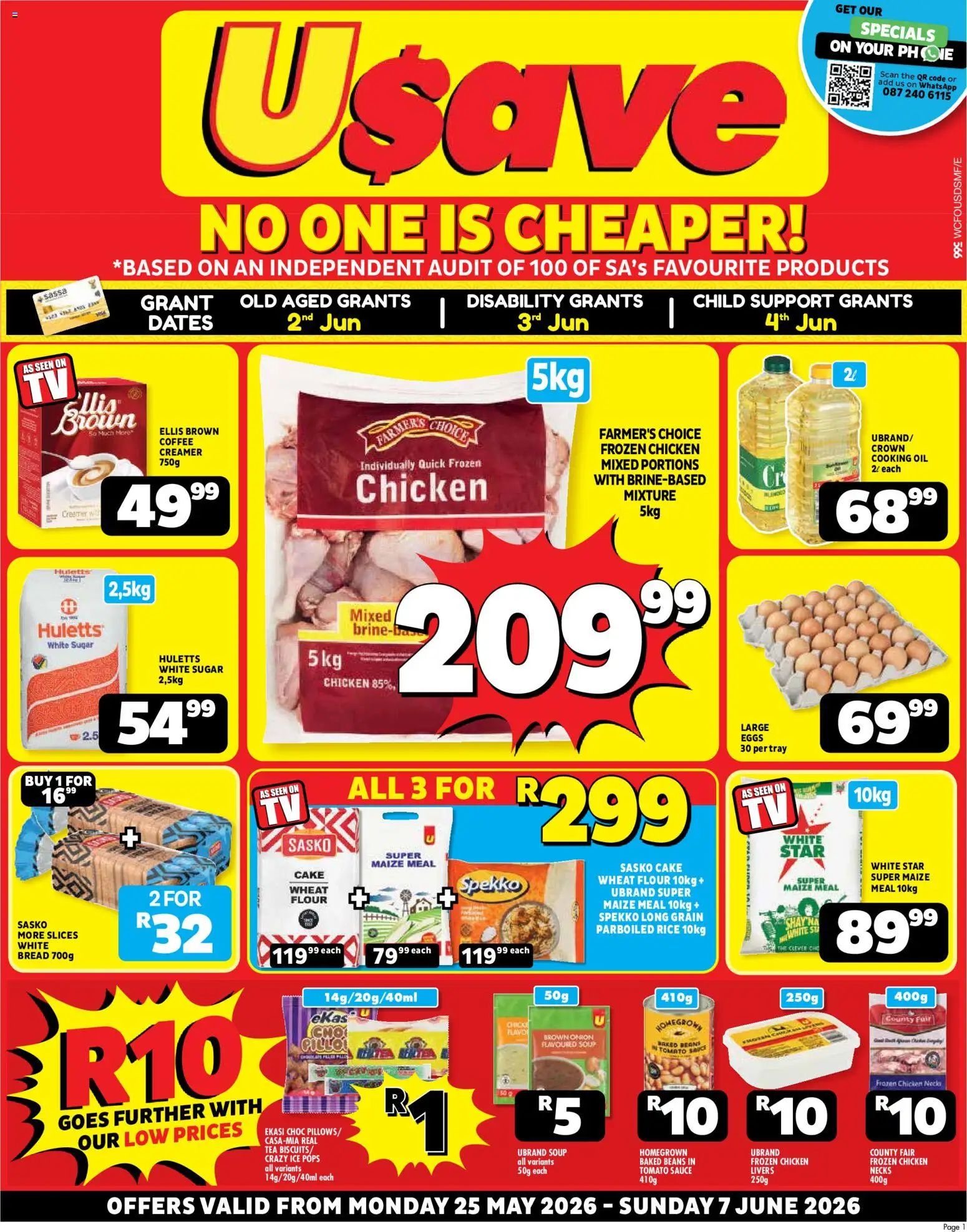 New Usave catalogue – valid from 25.05.2026 | Page: 1 | Products: Maize meal, Creamer, Coffee, Chicken