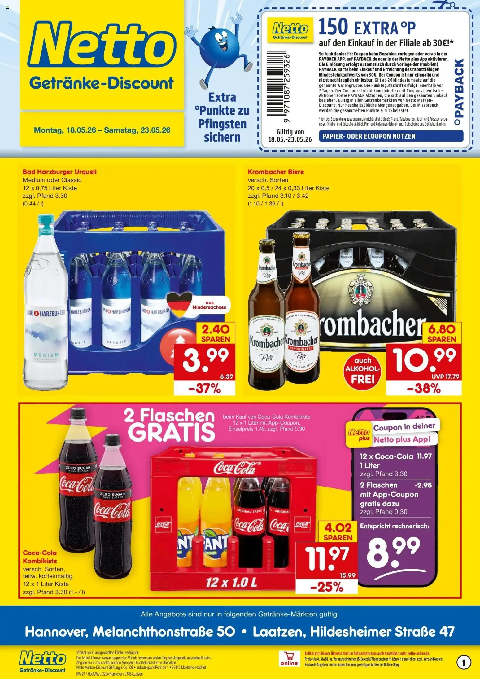 Netto Marken-Discount Prospekt Hannover	 – gültig ab 17.05.2026 | Seite: 1 | Produkte: Coca cola, Cola, Zucker, Krombacher