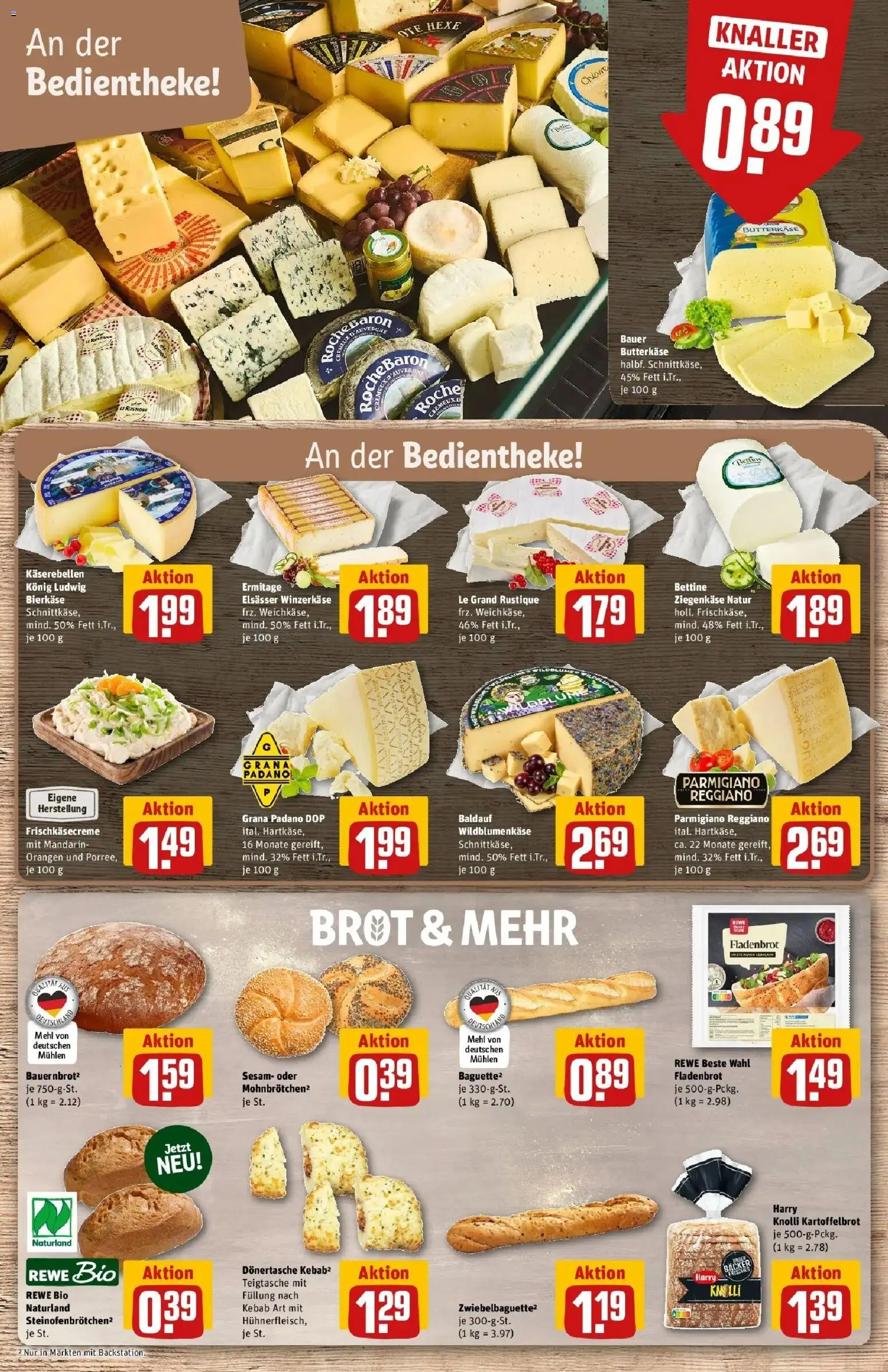REWE Prospekt ab 03.08.2026 zum Blättern » Angebote | Seite: 11 | Produkte: Grana Padano, Ziegenkäse, Orangen, Brot