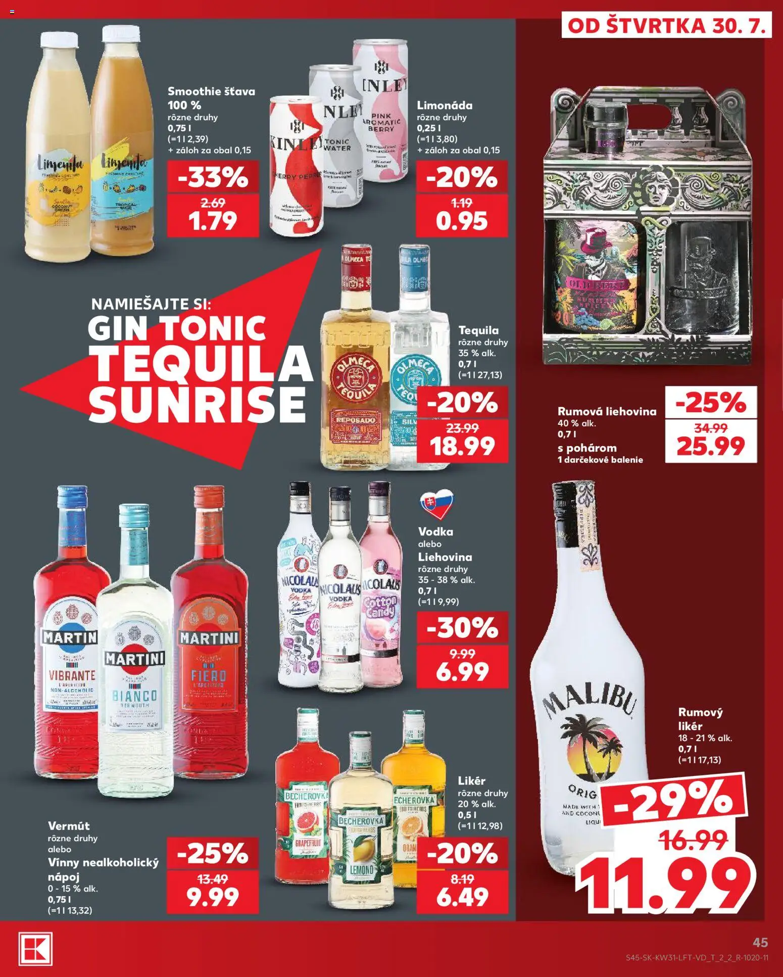 Nové Kaufland akcie – leták je platný od 30.07.2026 | Strana: 45 | Produkty: Becherovka, Malibu, Gin, Vodka