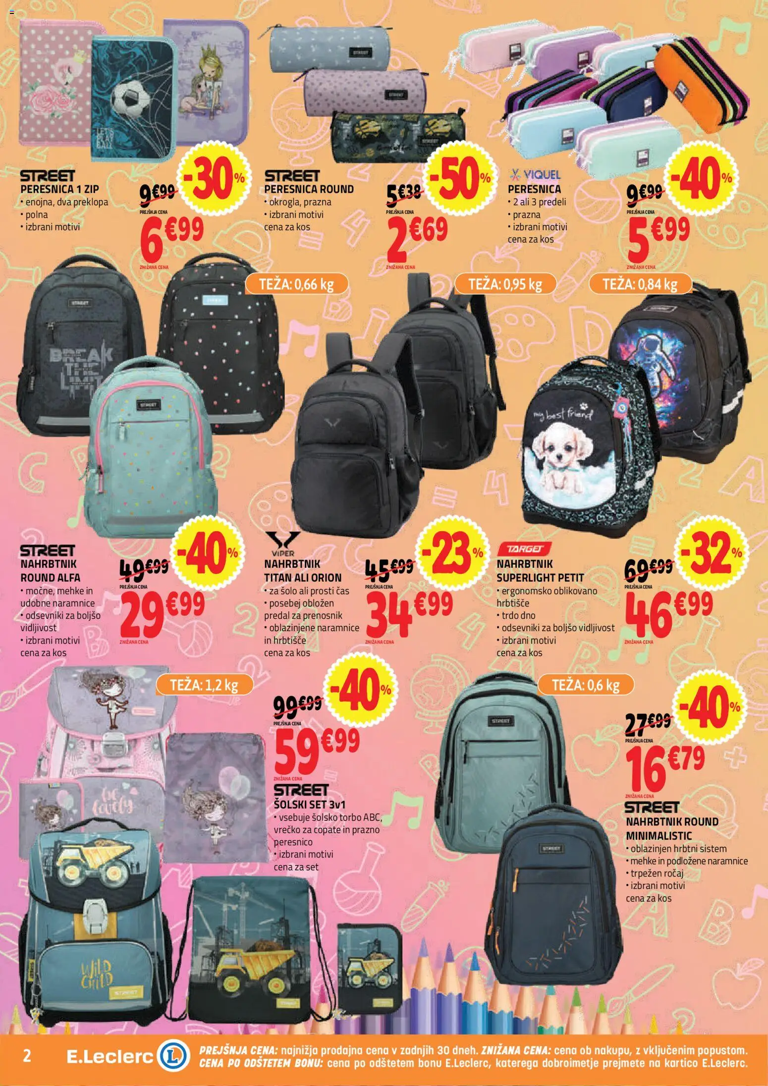 Novi E.leclerc katalog ponudbe – veljaven od 12.08.2026 | Stran: 2 | Izdelki: Teza, Kos, Peresnica, Nahrbtnik