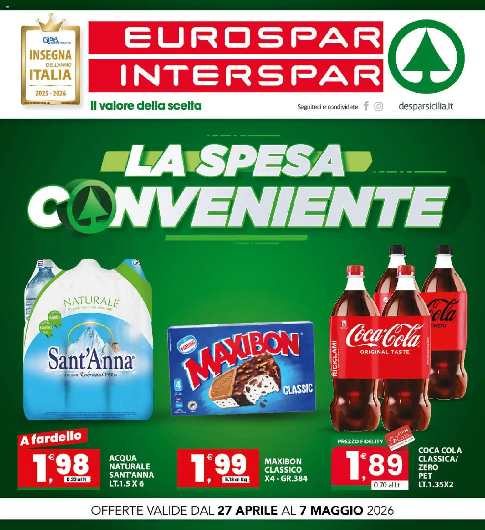 Volantino Interspar del 27.04.2026 | Pagina: 1 | Prodotti: Acqua, Acqua naturale, Acqua minerale, Coca Cola