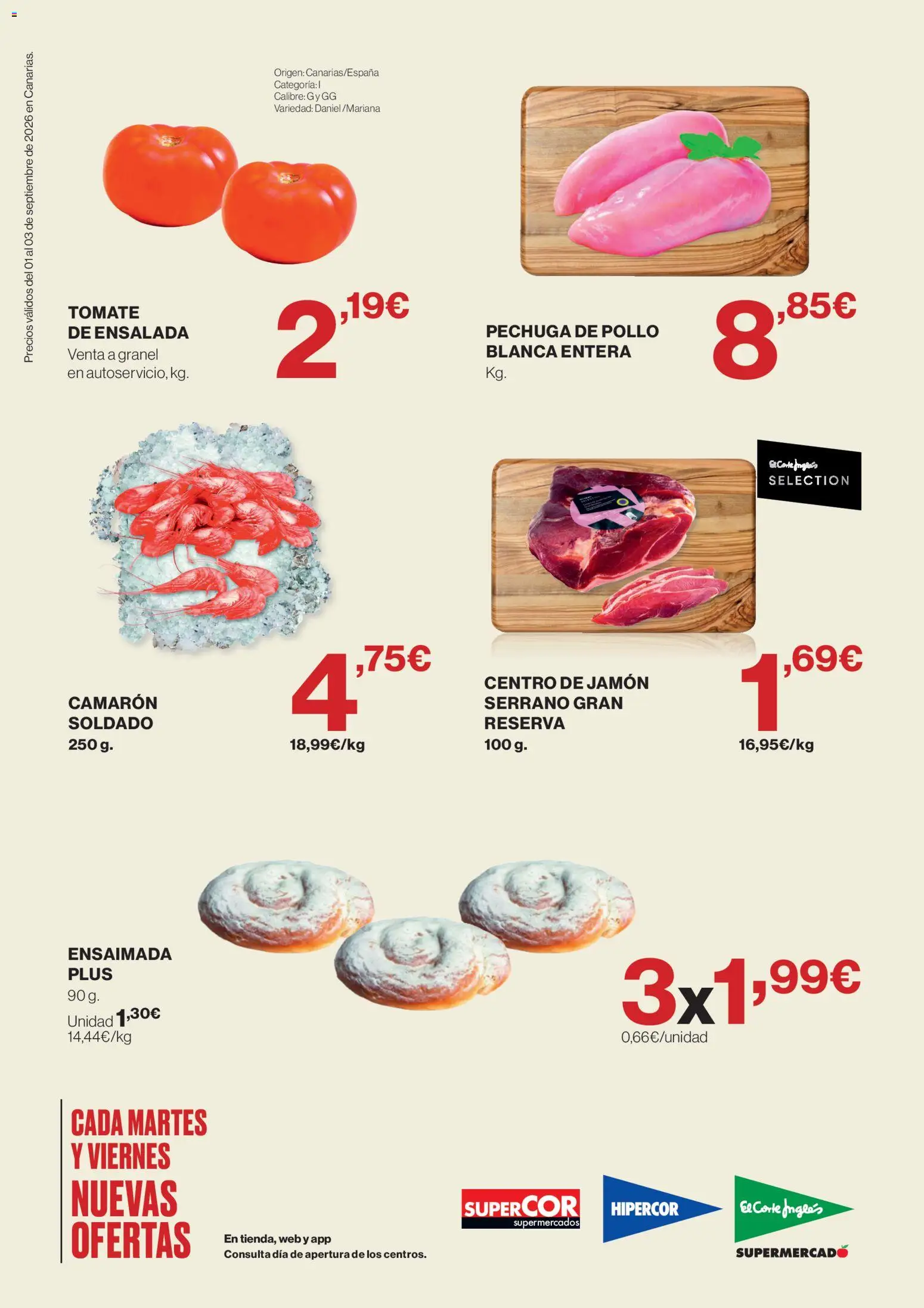 Supercor Canarias │ válido desde el 01/09/2026 | Página: 2 | Productos: Jamón, Tomate, Ensalada, Pollo