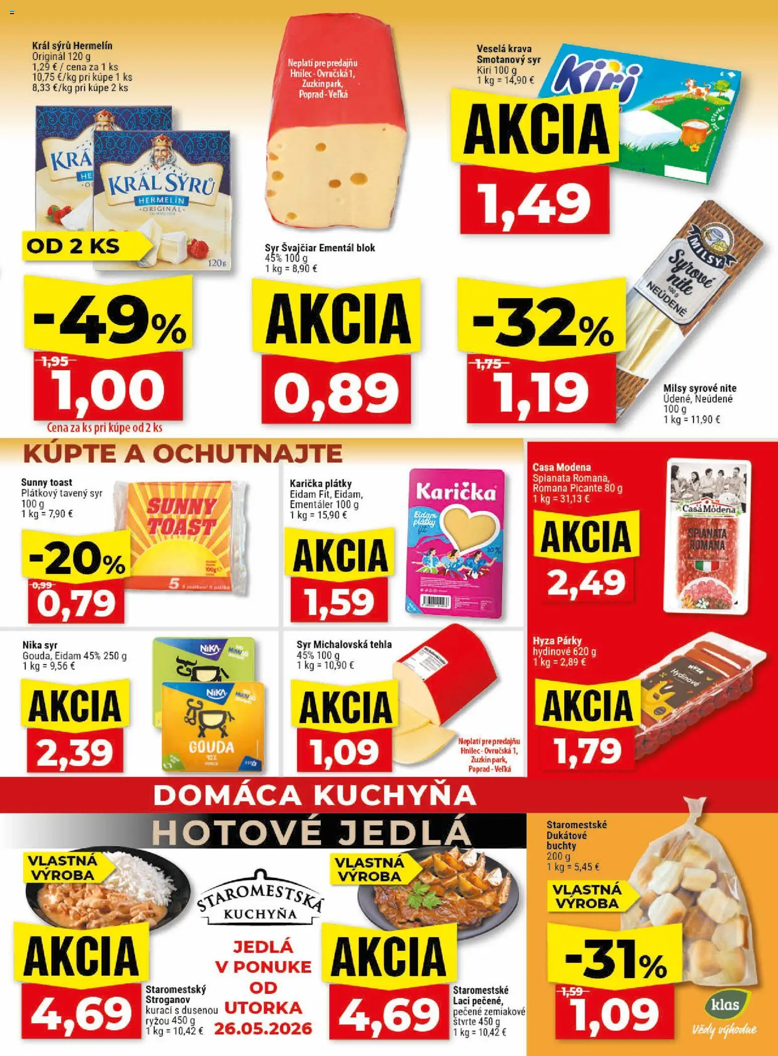 Nové Klas akcie – leták je platný od 25.05.2026 | Strana: 11 | Produkty: Kuchyňa, Gouda, Párky