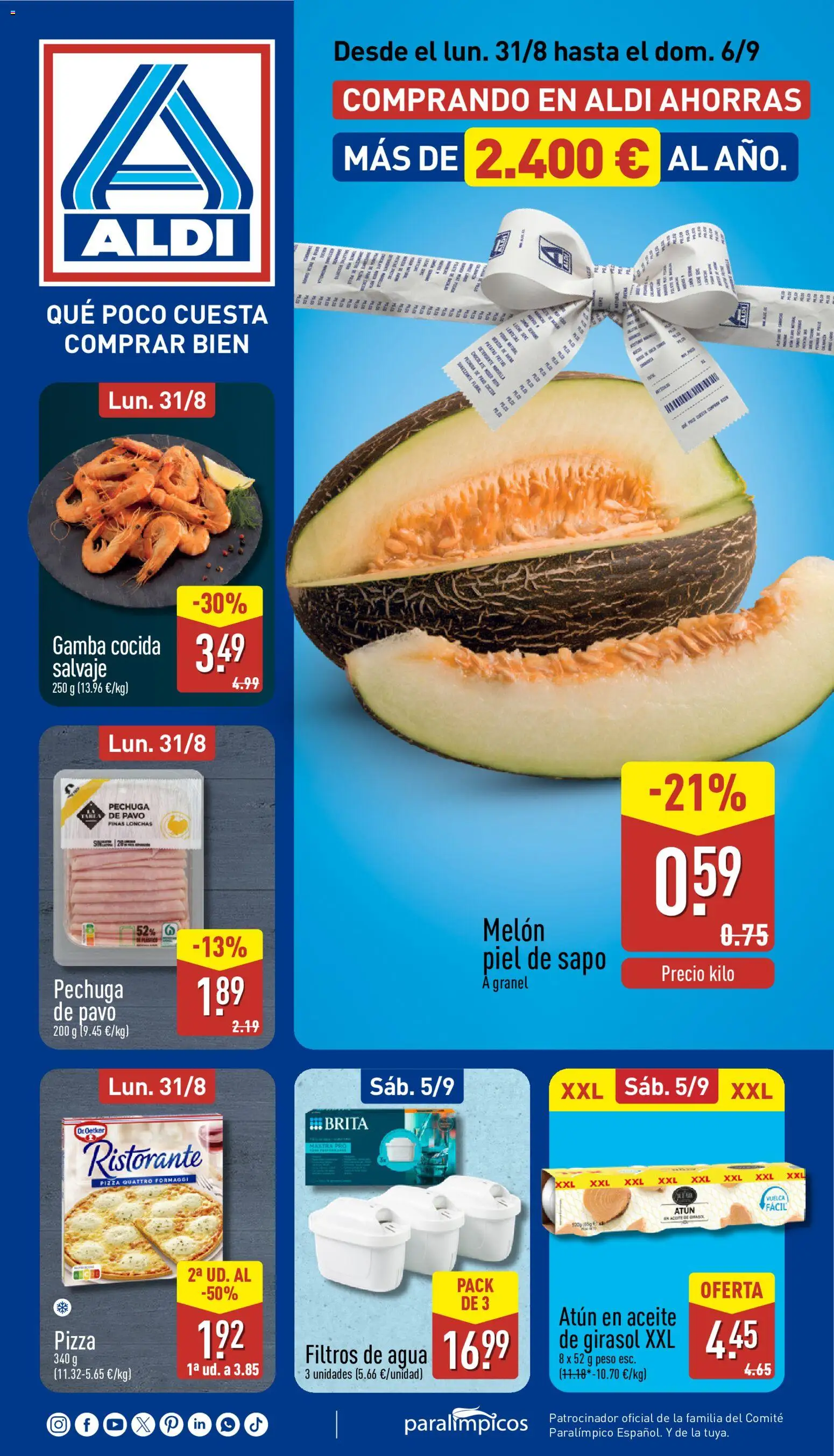 Aldi folleto Baleares │ válido desde el 31/08/2026 | Página: 1 | Productos: Pizza, Aceite de girasol, Pavo, Gamba