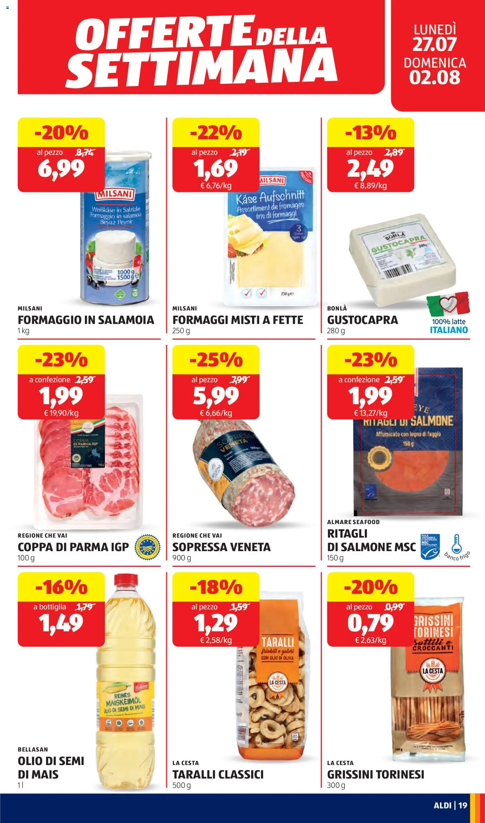Volantino Aldi del 27/07/2026 | Pagina: 19 | Prodotti: Salmone affumicato, Latte, Mais, Bottiglia