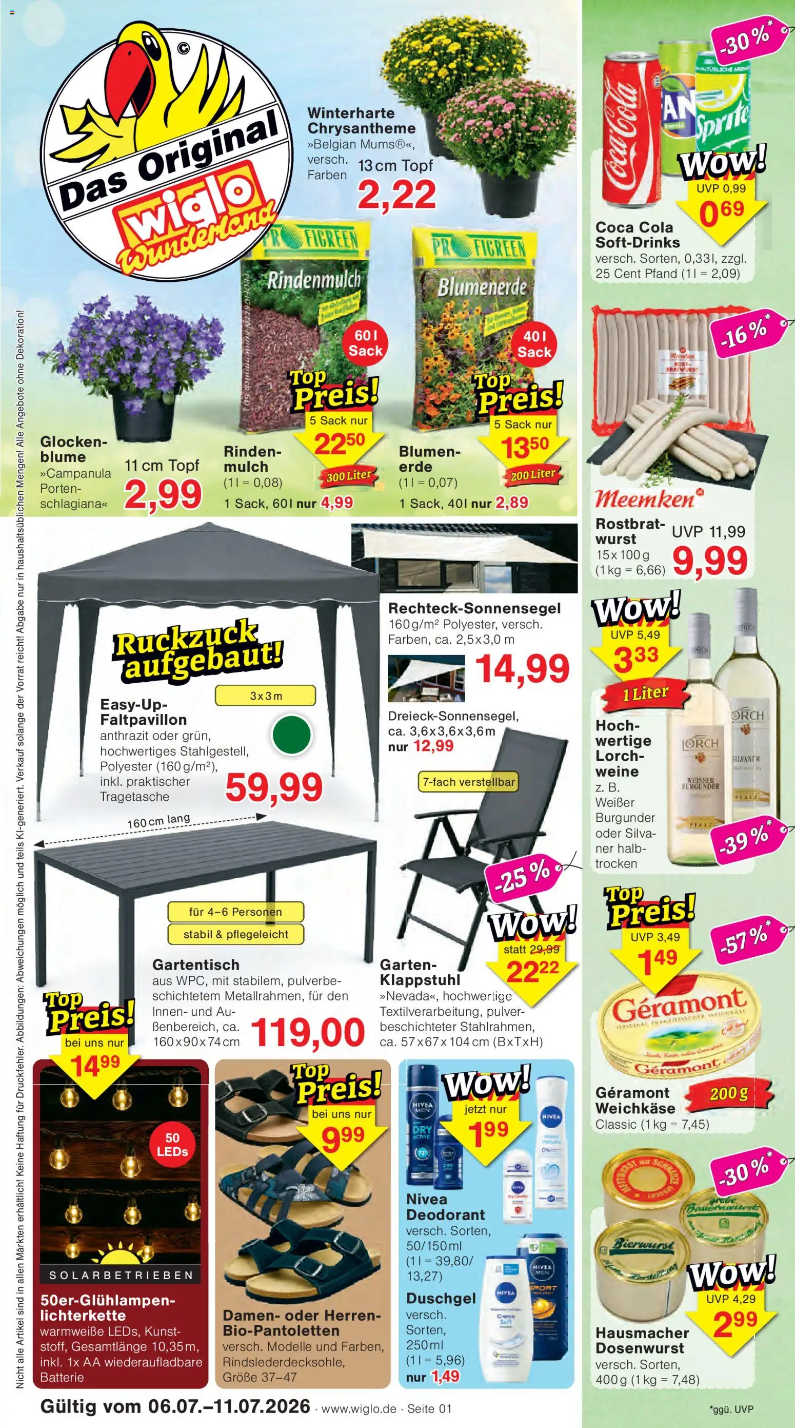 Wiglo Wunderland Prospekt – gültig ab 06.07.2026 | Seite: 1 | Produkte: Rindenmulch, Sprite, Blumenerde, Duschgel