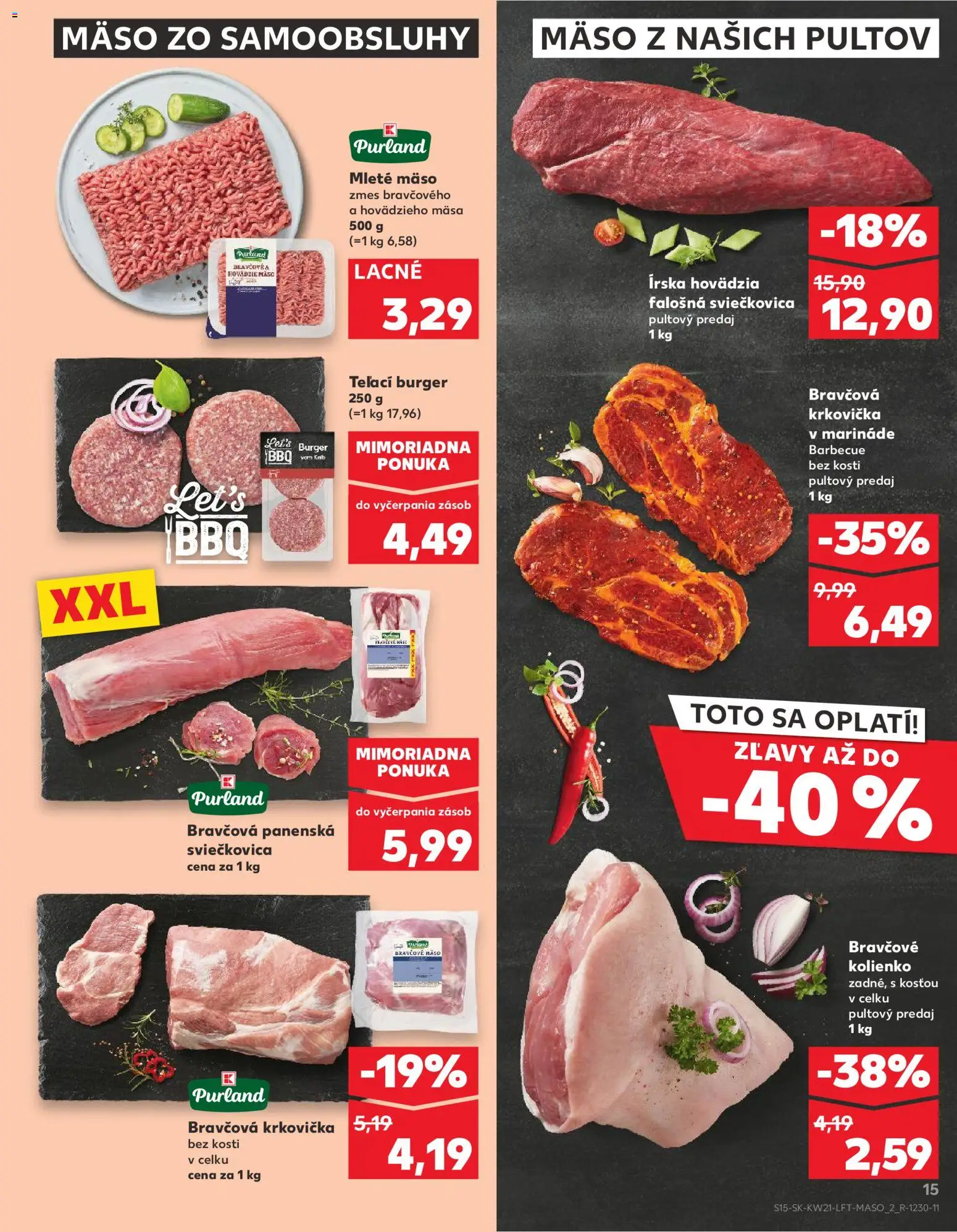 Nové Kaufland akcie – leták je platný od 21.05.2026 | Strana: 15 | Produkty: Hovädzie mäso, Bravčová krkovička, Krkovička, Mleté mäso