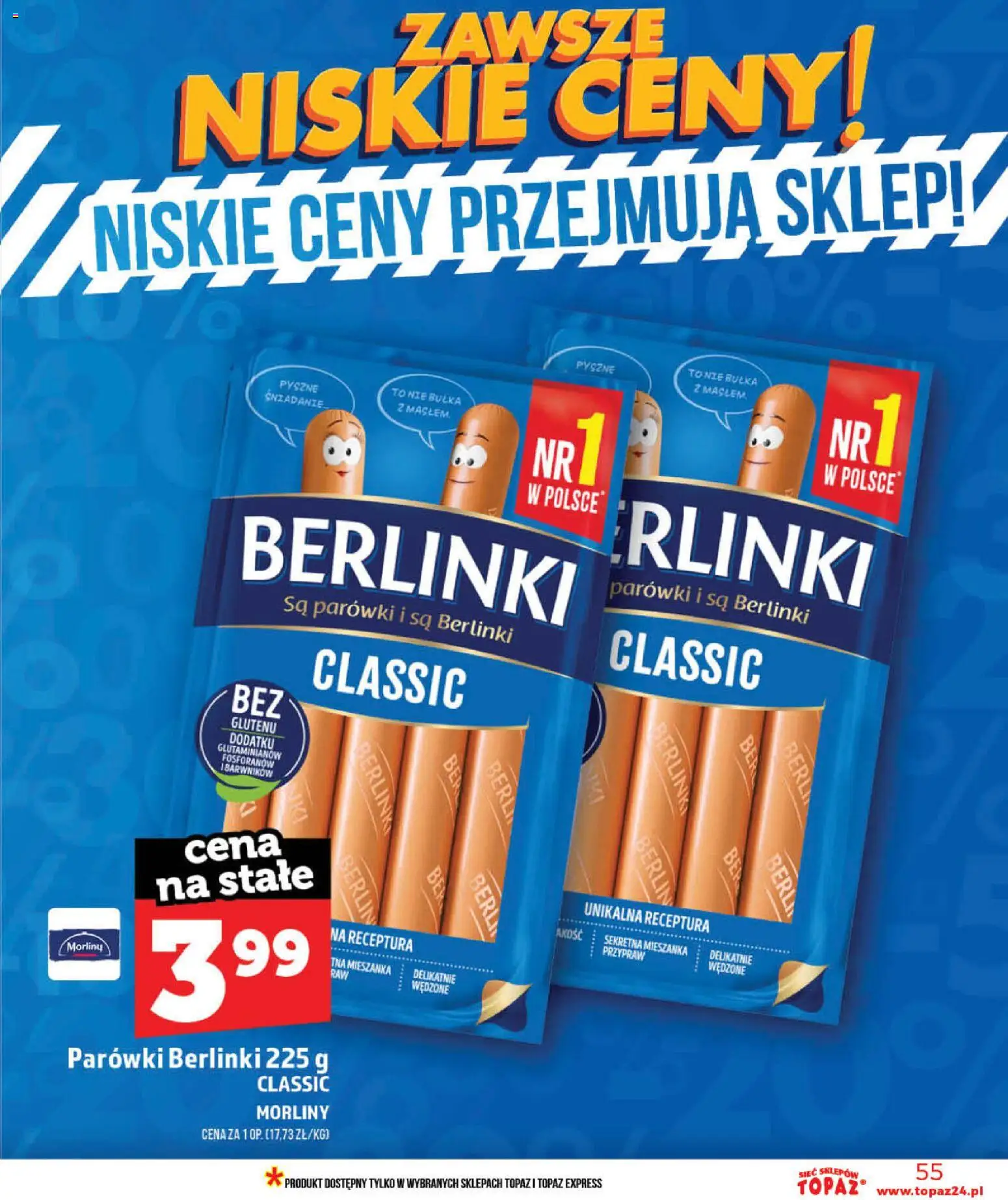 Topaz gazetka - Ceny małe na stałe od 03.06.2026 | Strona: 55 | Produkty: Parówki berlinki, Parówki, Bułka