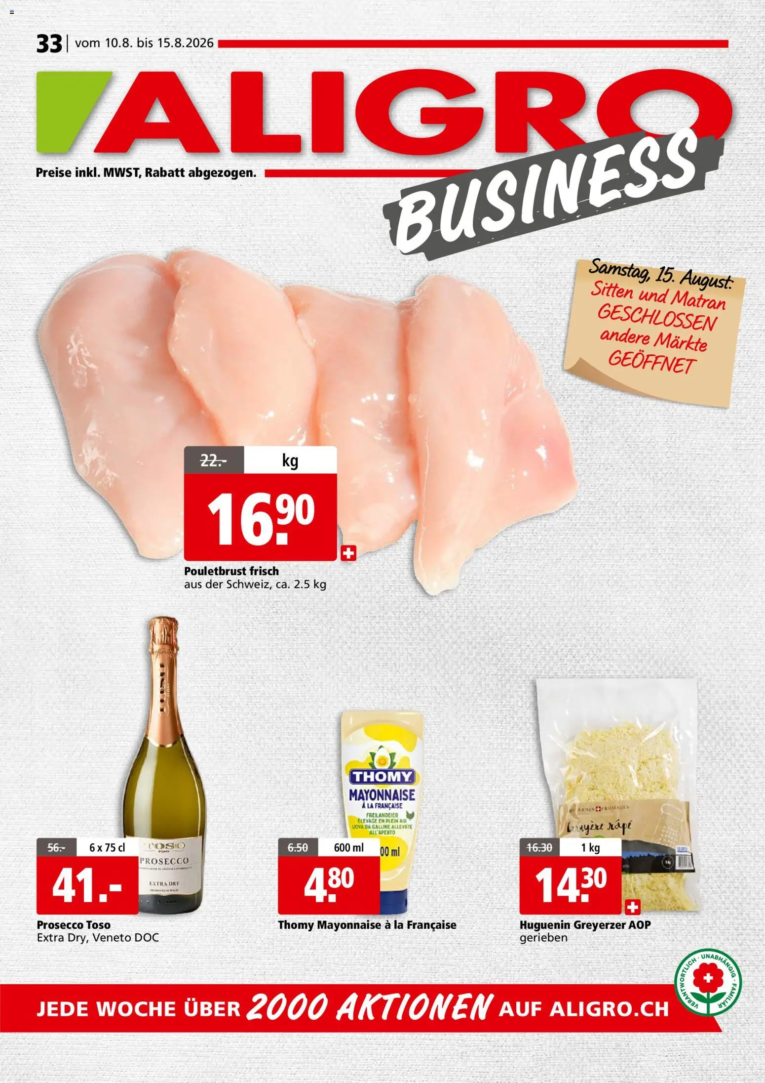 Aligro aktionen Business Chavannes, Matran, Genf, Sitten – gültig ab 10.08.2026 | Seite: 1 | Produkte: Pouletbrust, Prosecco, Mayonnaise