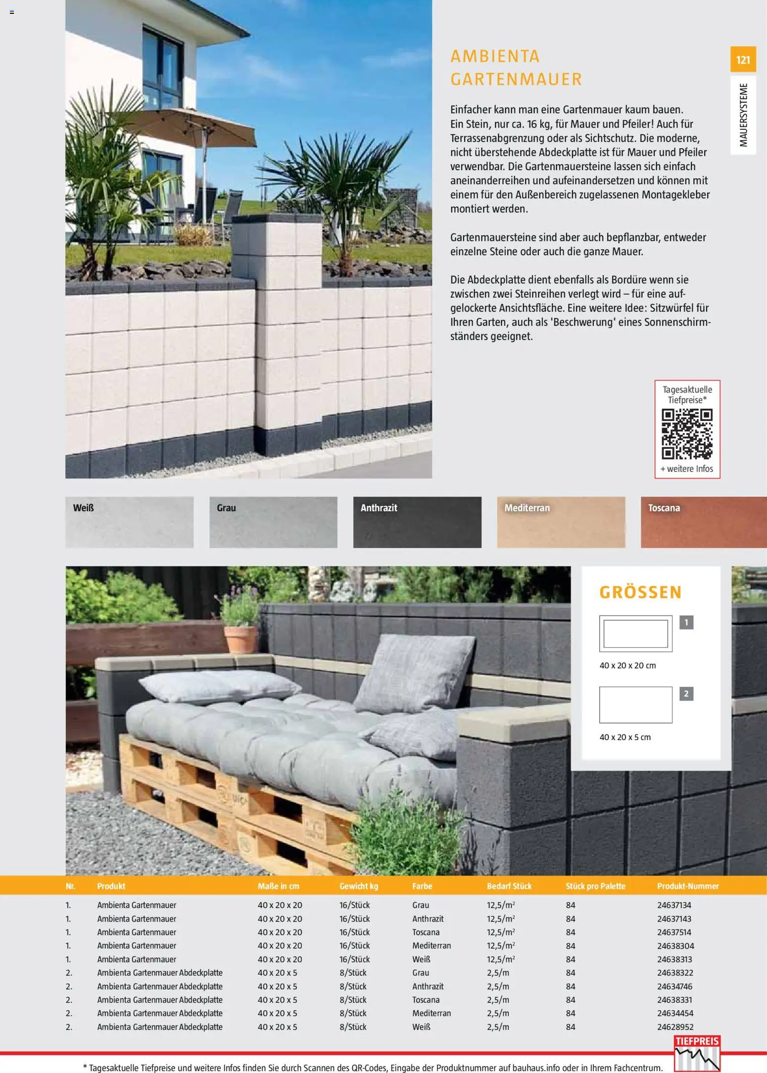 Bauhaus Gartenbaumaterialien 2026 – gültig ab 02.03.2026 | Seite: 121 | Produkte: Gewicht, Sitzwürfel, Sonnenschirm
