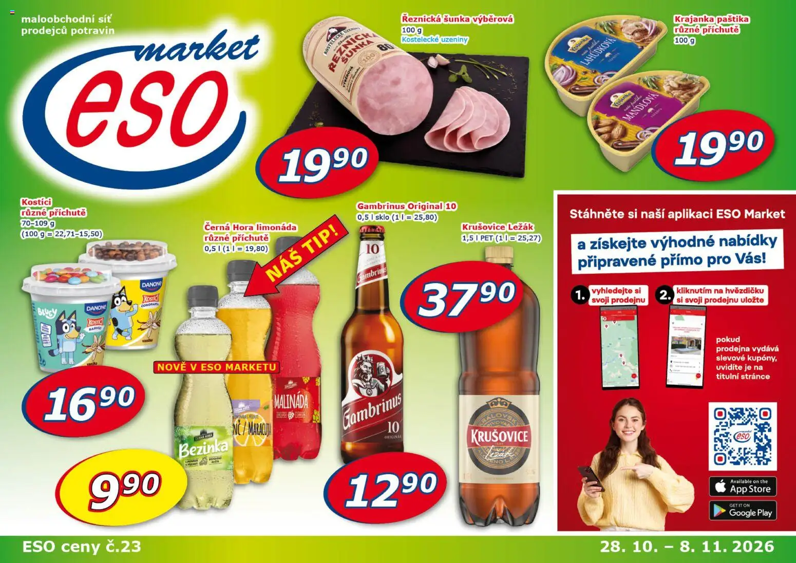 Eso market leták od 28.10.2026 | Strana: 1 | Produkty: Limonáda, Uzeniny, Krušovice, Paštika