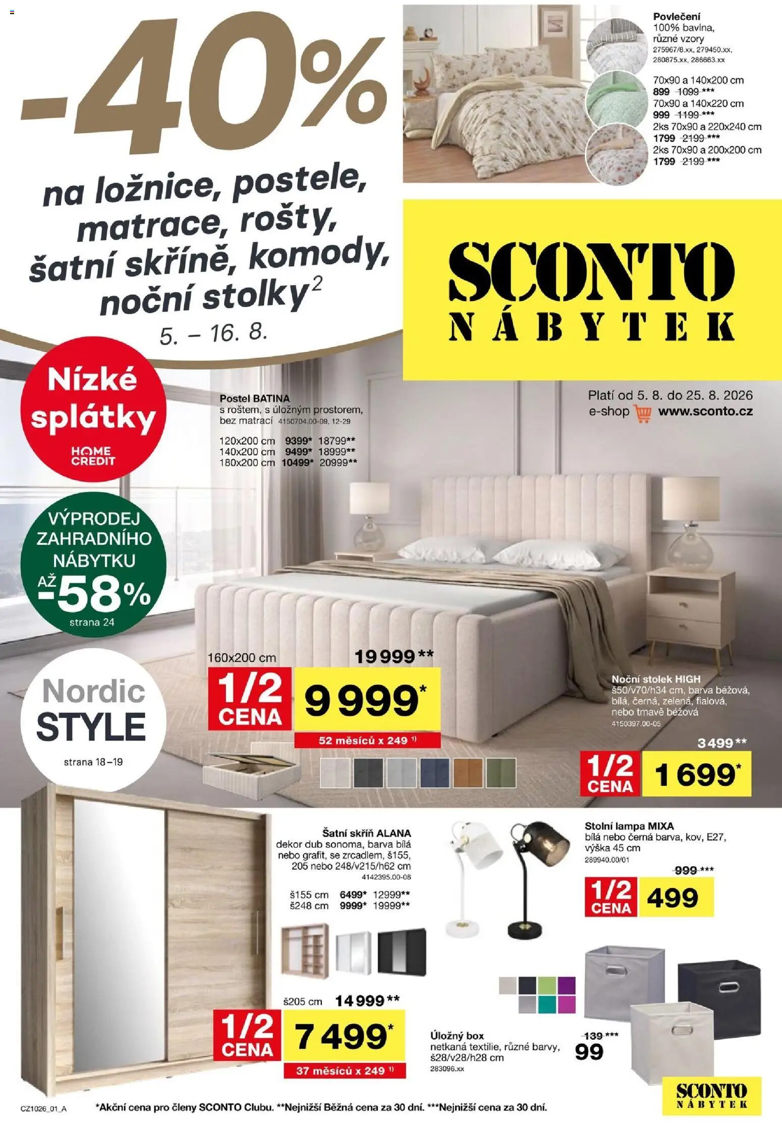 Sconto nábytek leták od 05.08.2026 | Strana: 1 | Produkty: Stolní lampa, Povlečení, Šatní skříň, Skříň