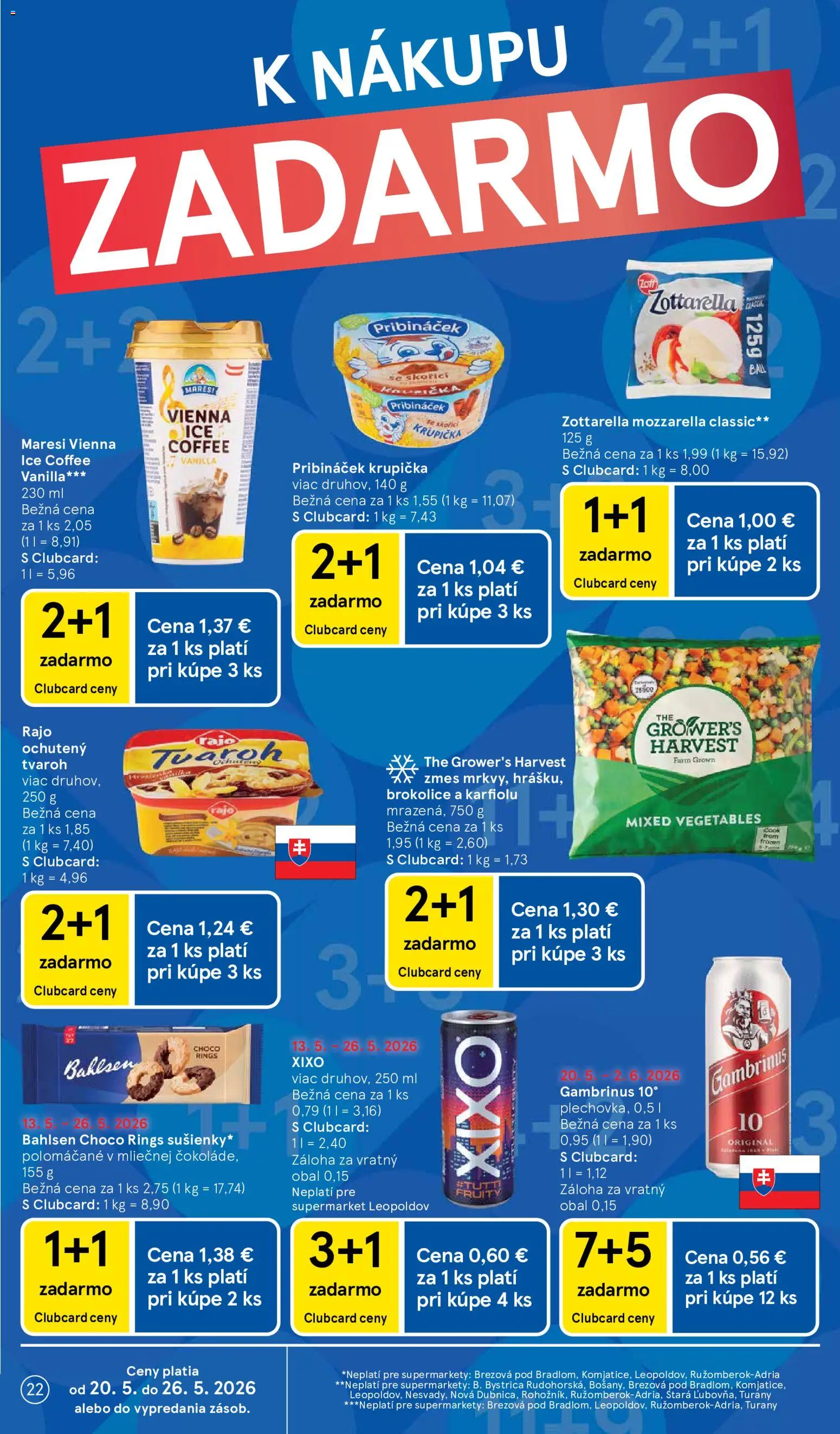 Nové Tesco akcie – leták je platný od 20.05.2026 | Strana: 22 | Produkty: Mozzarella, Tvaroh, Gambrinus