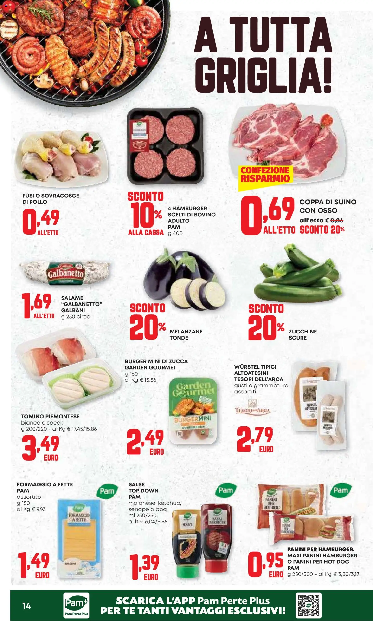 Volantino PAM del 13/08/2026 | Pagina: 14 | Prodotti: Salame, Pollo, Formaggio a fette, Melanzane