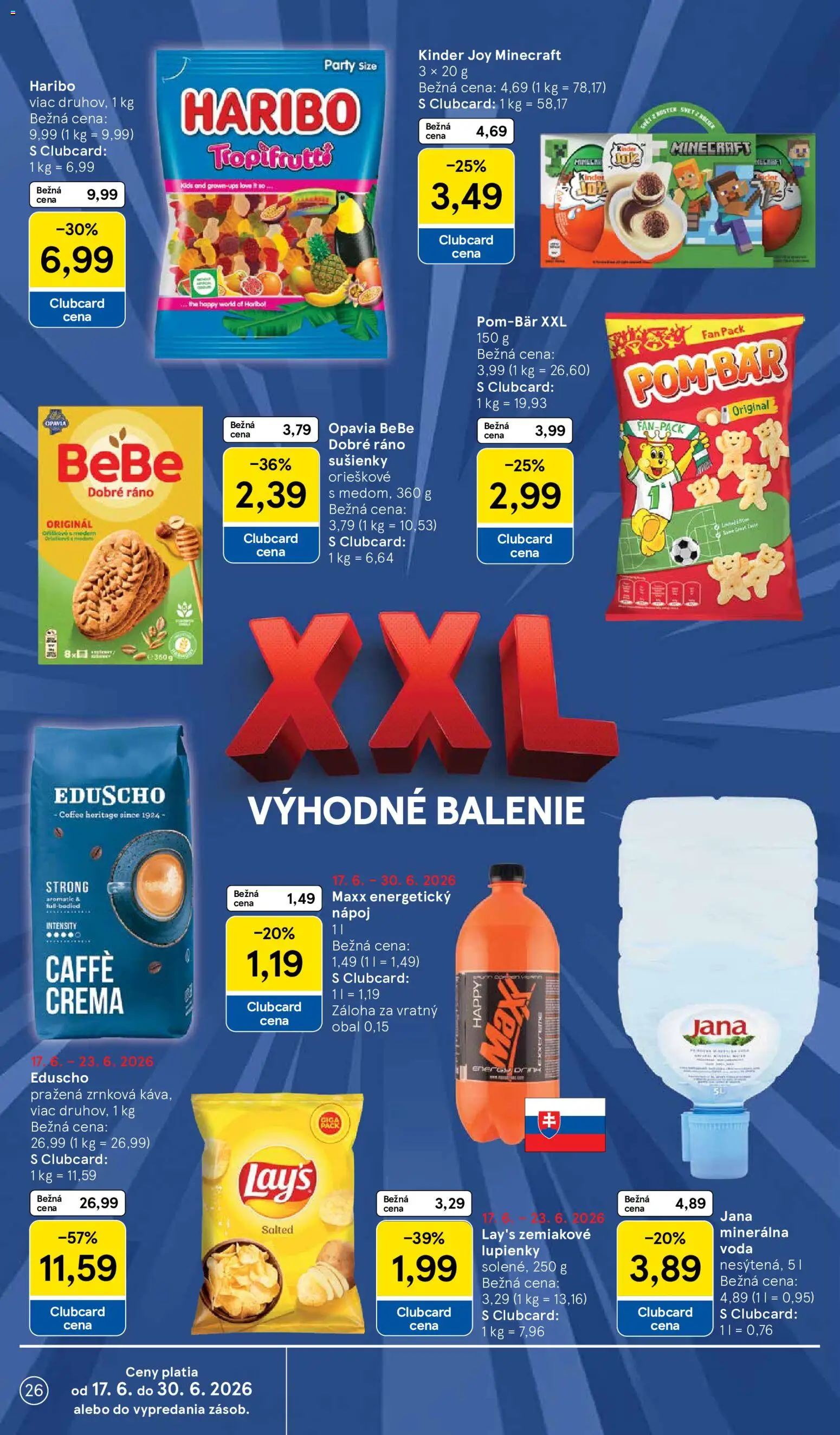 Nové Tesco akcie – leták je platný od 17.06.2026 | Strana: 26 | Produkty: BeBe Dobré ráno, Kinder, Minerálna voda, Energetický nápoj