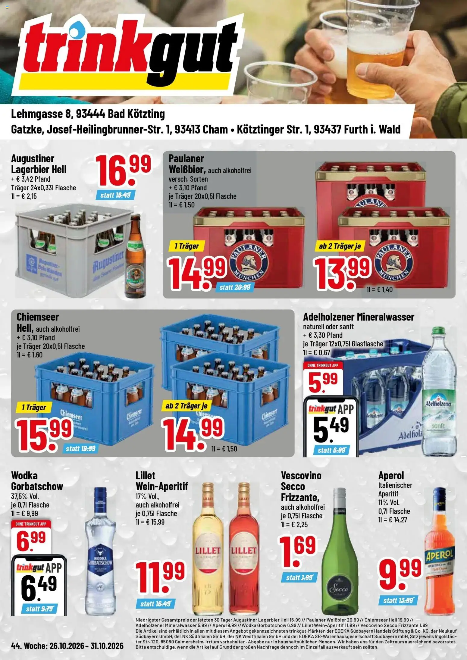 Trinkgut Prospekt Cham (ab 26.10.2026) » Angebote online | Seite: 1 | Produkte: Weißbier, Adelholzener, Lillet, Wodka gorbatschow