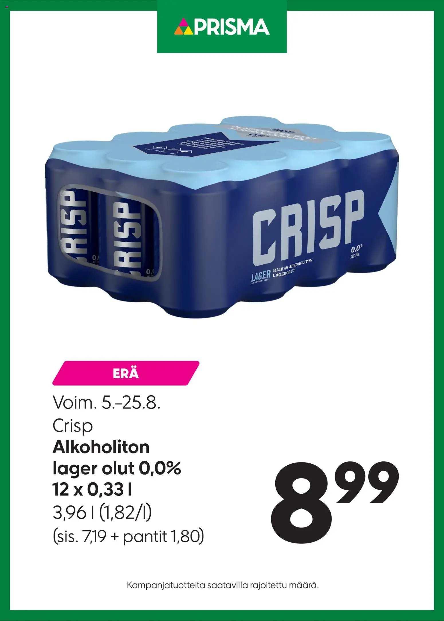 Prisma tarjoukset Crisp lager 0% – voimassa 05/08/2026 alkaen | Sivu: 1 | Tuotteet: Olut