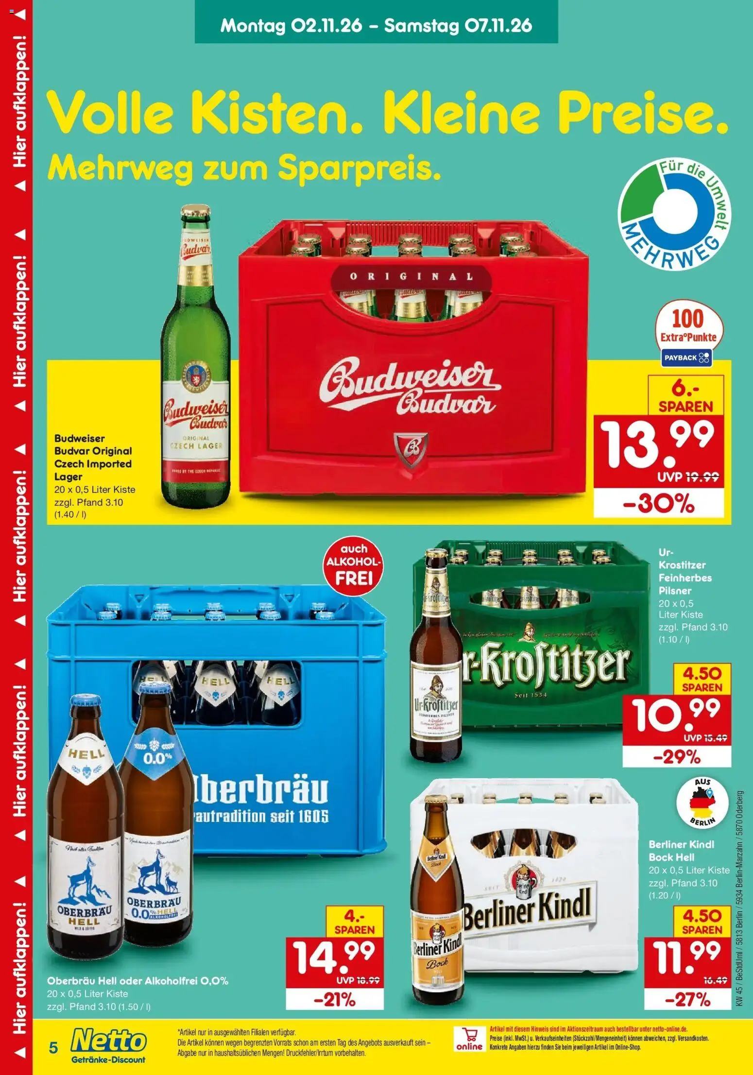Netto Marken-Discount Prospekt Oderberg (ab 02.11.2026) » Angebote | Seite: 5 | Produkte: Berliner, Alkohol, Budweiser
