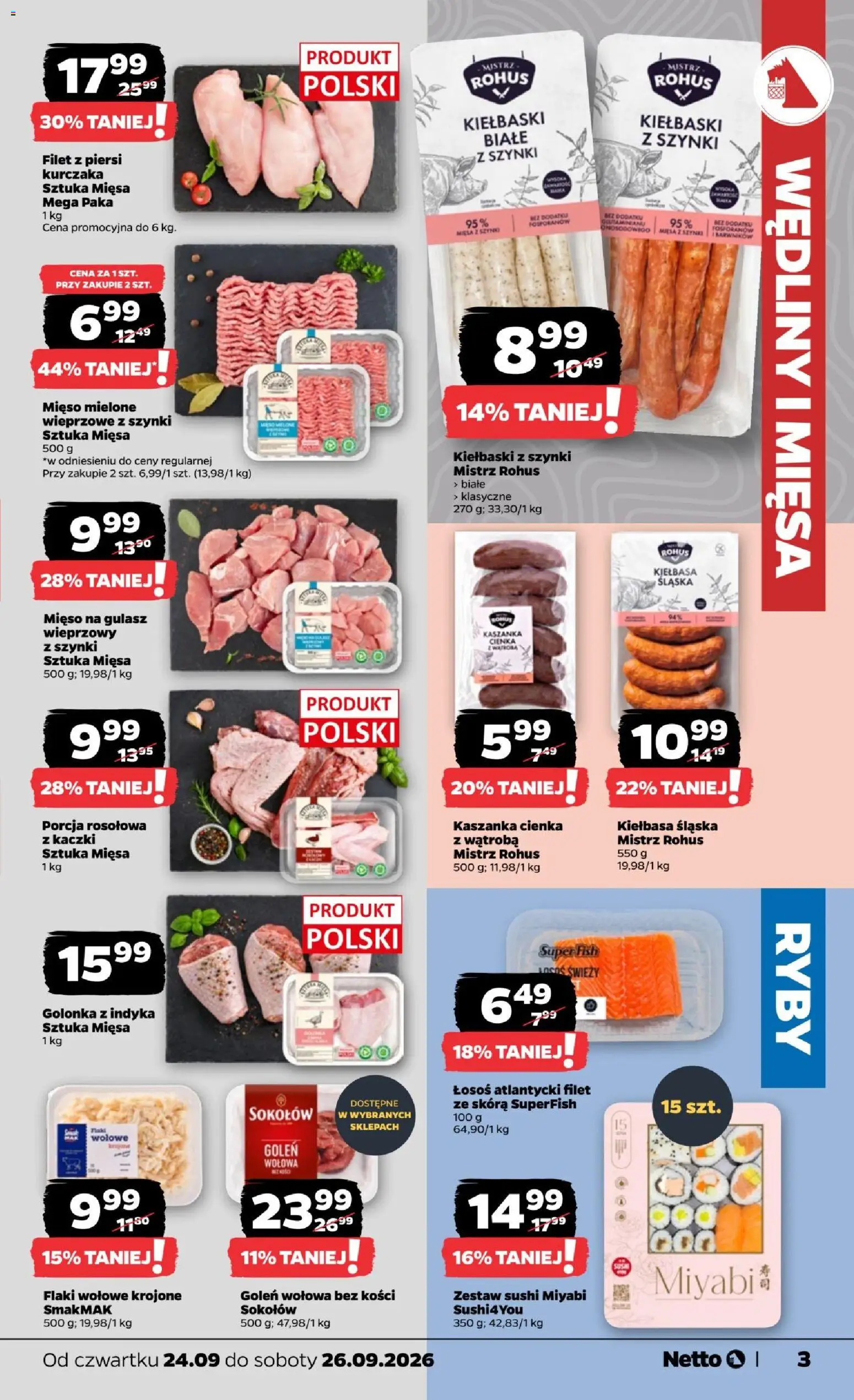 Netto gazetka od czwartku od 24.09.2026 | Strona: 3 | Produkty: Kiełbasa, Mięso na gulasz, Kiełbasa śląska, Filet