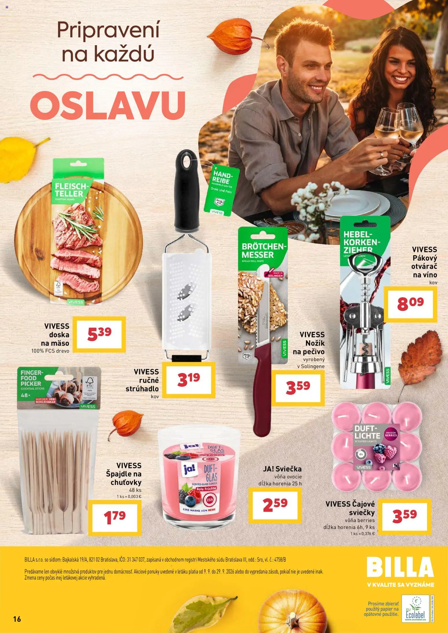 Nové Billa akcie – leták je platný od 09.09.2026 | Strana: 16 | Produkty: Strúhadlo, Víno, Čajové sviečky, Pečivo