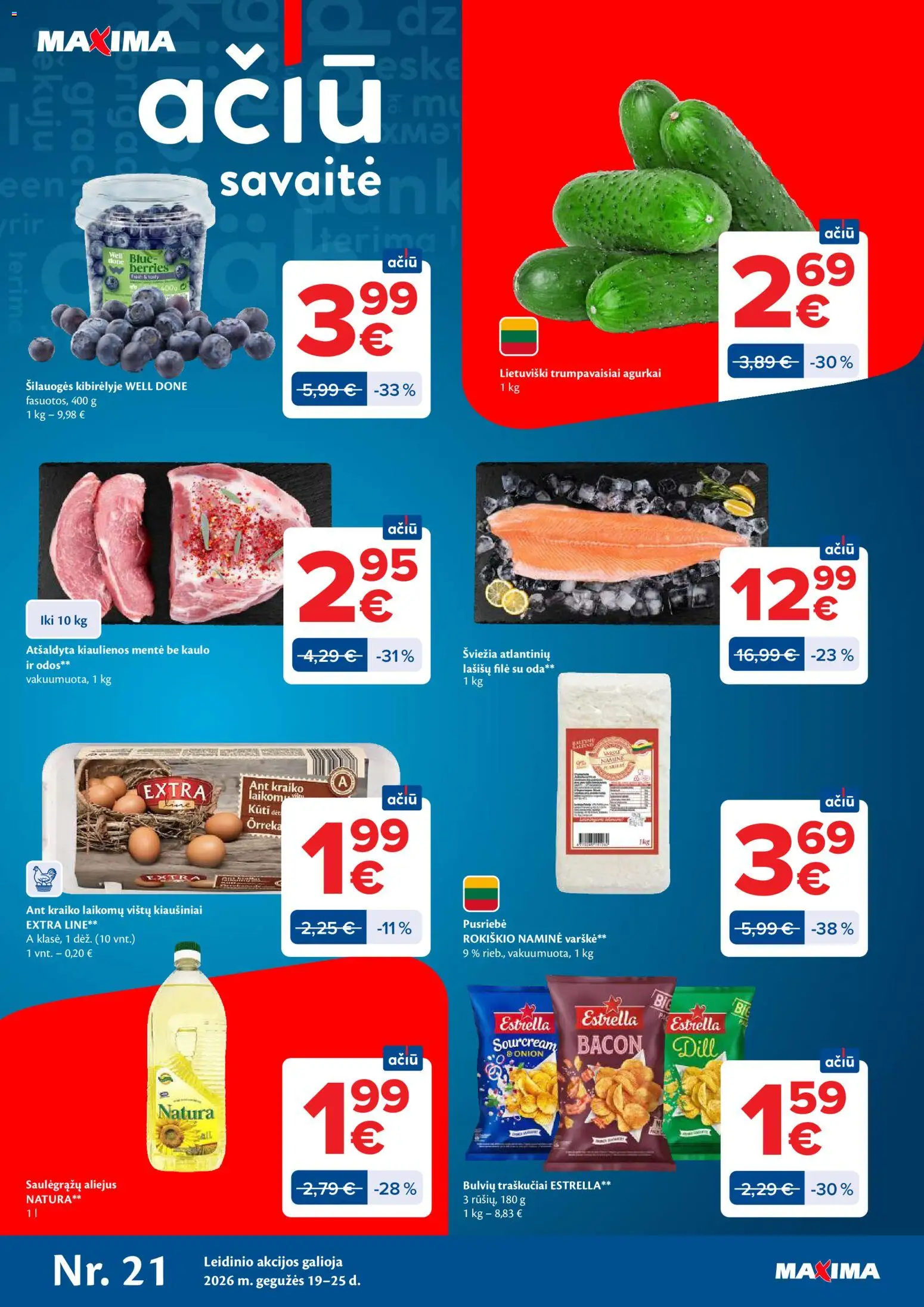 MAXIMA akcijos nuo 19.05.2026 | Puslapis: 1 | Prekių: Agurkai, Kiaušiniai, Lašišų filė, Aliejus