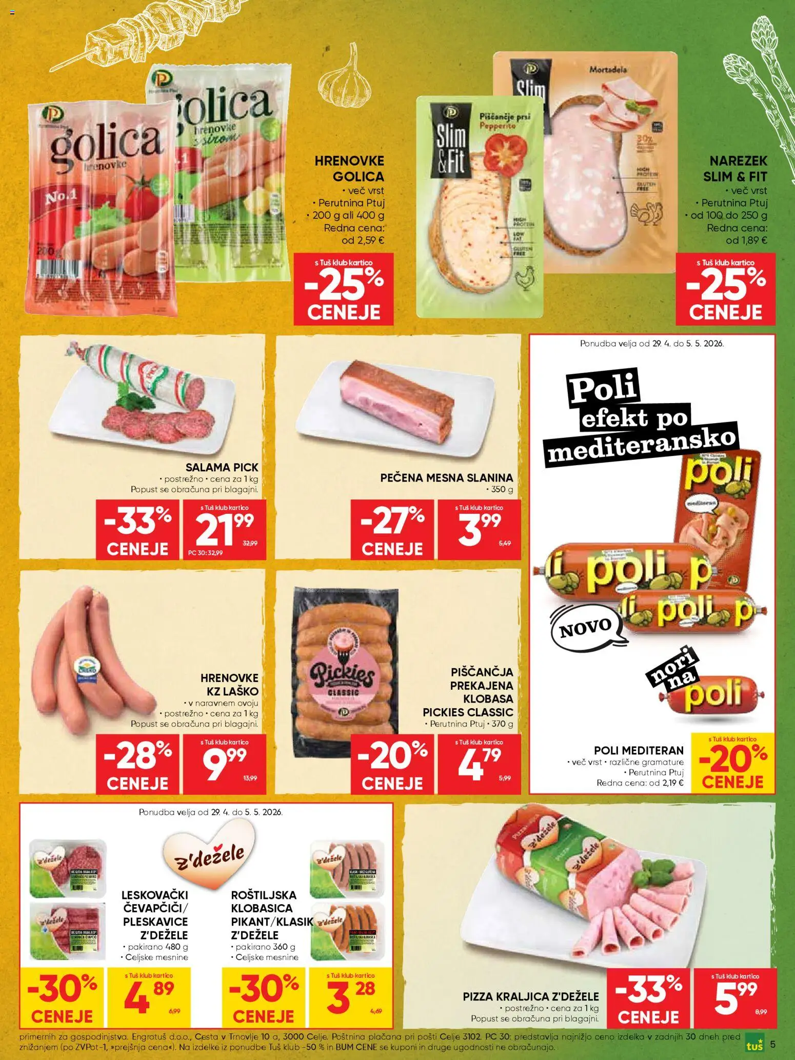 Novi Tuš katalog ponudbe – veljaven od 29.04.2026 | Stran: 5 | Izdelki: Hrenovke, Mortadela, Slanina, Salama