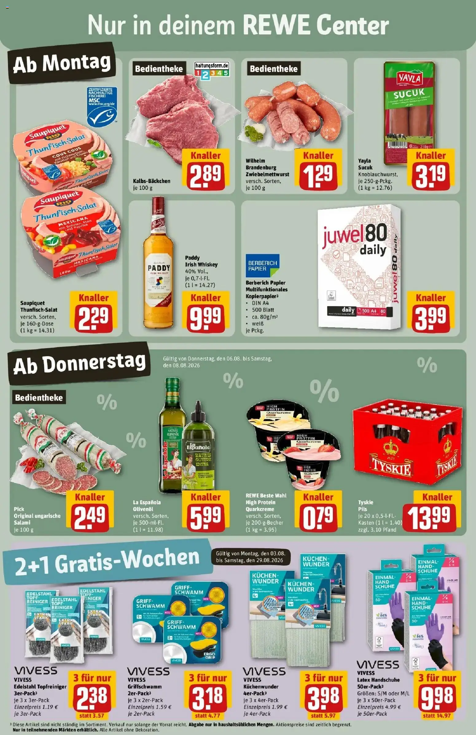 REWE Prospekt ab 03.08.2026 zum Blättern » Angebote | Seite: 3 | Produkte: Tyskie, Olivenol, Salami, Whiskey