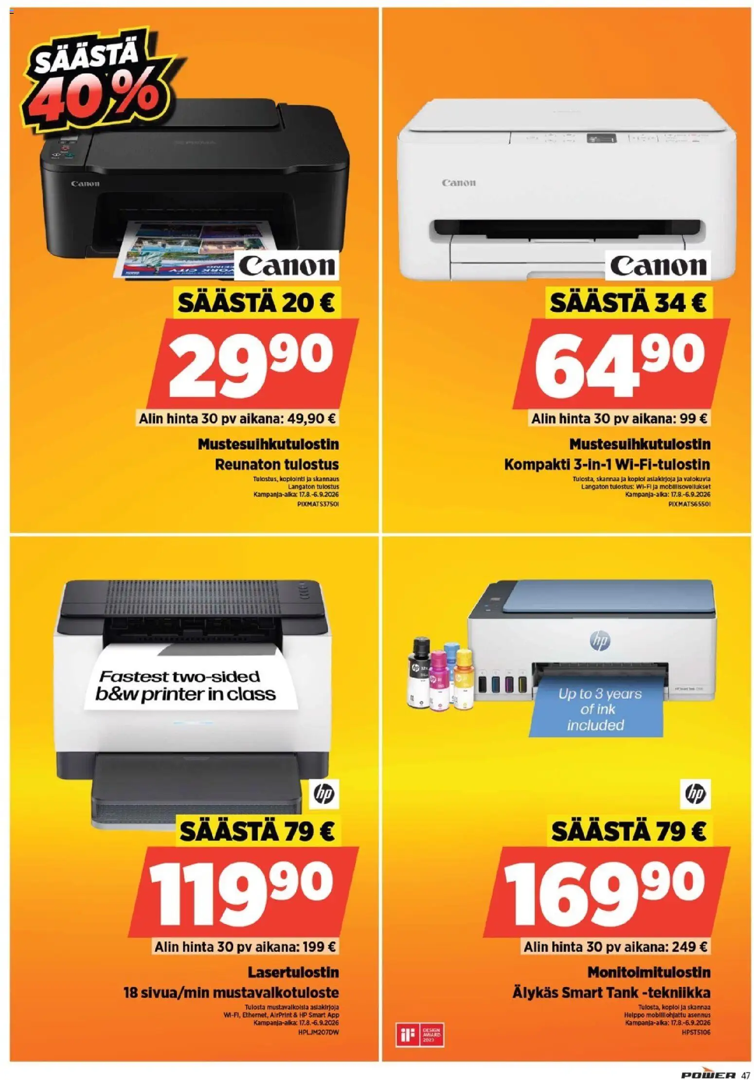 Power tarjoukset – voimassa 31/08/2026 alkaen | Sivu: 47 | Tuotteet: Monitoimitulostin