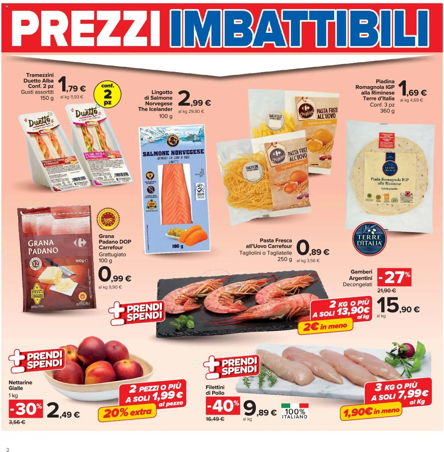 Volantino Carrefour del 16.06.2026 | Pagina: 2 | Prodotti: Tagliatelle, Gamberi, Piadina, Tramezzino