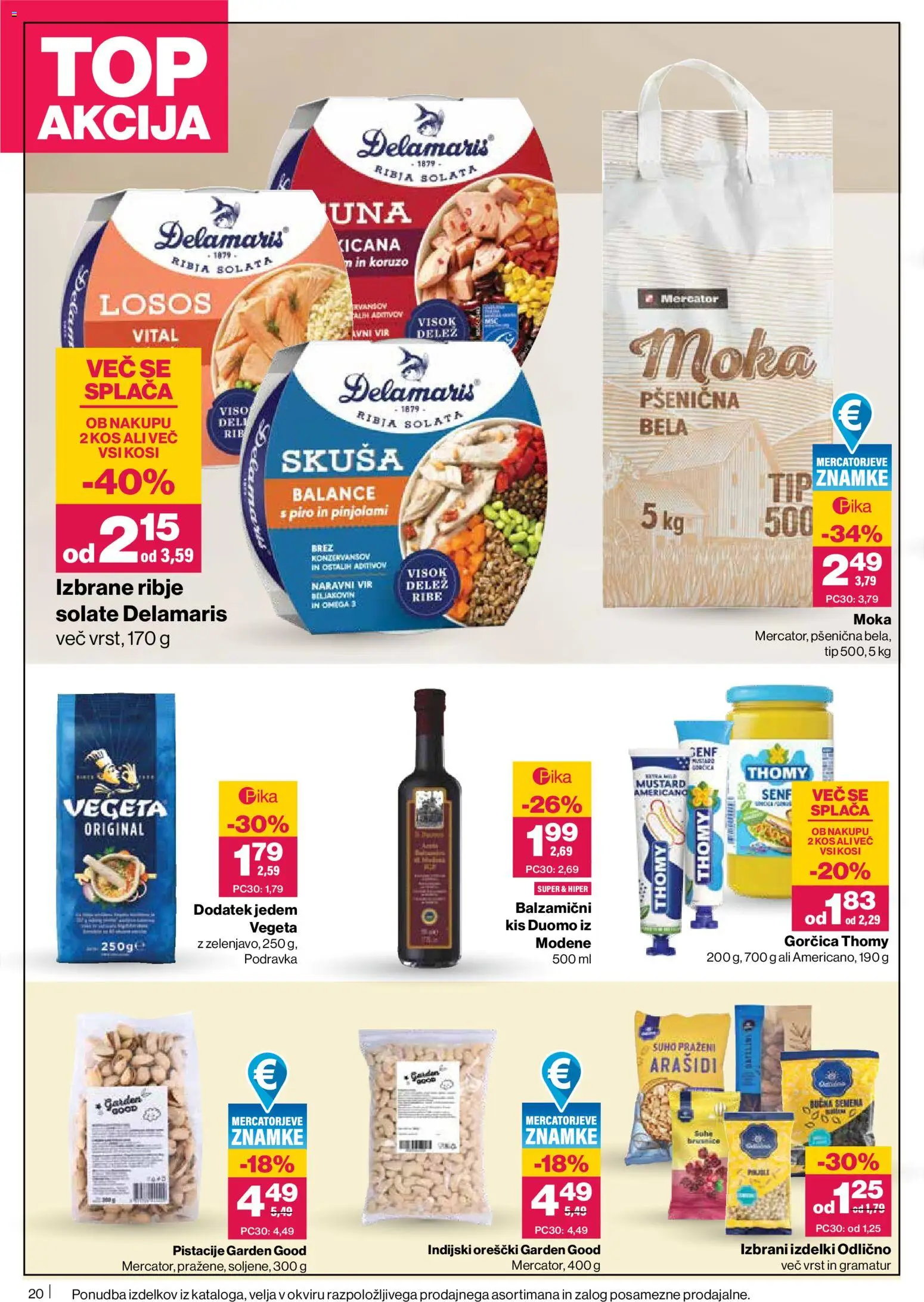 Novi Mercator katalog ponudbe – veljaven od 11.06.2026 | Stran: 20 | Izdelki: Moka, Indijski oreščki, Losos, Gorčica