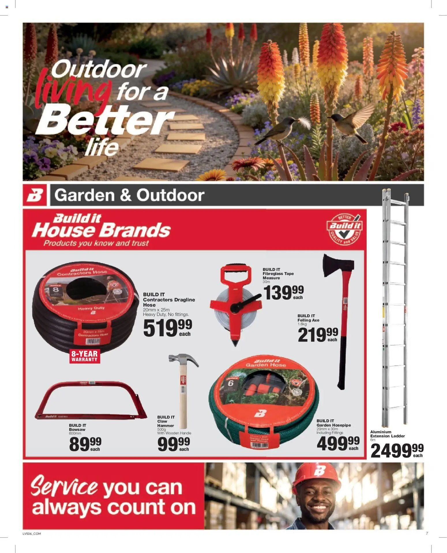 New Build It catalogue – valid from 25/08/2026 | Page: 7 | Products: Hammer, Tape measure, Garden hose, Bowsaw