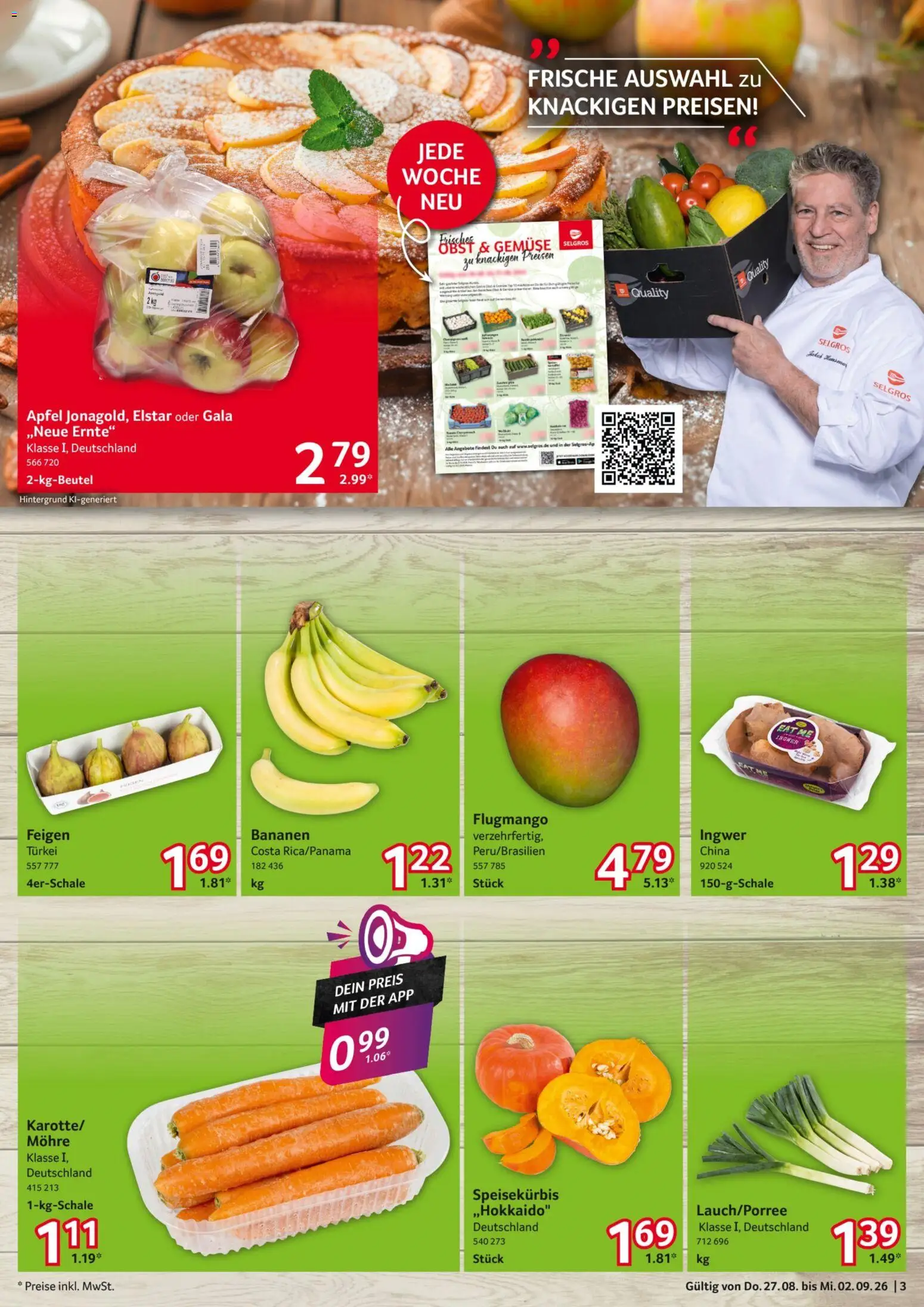 Selgros Prospekt – gültig ab 27.08.2026 | Seite: 3 | Produkte: Äpfel, Bananen, Gemüse, Feigen