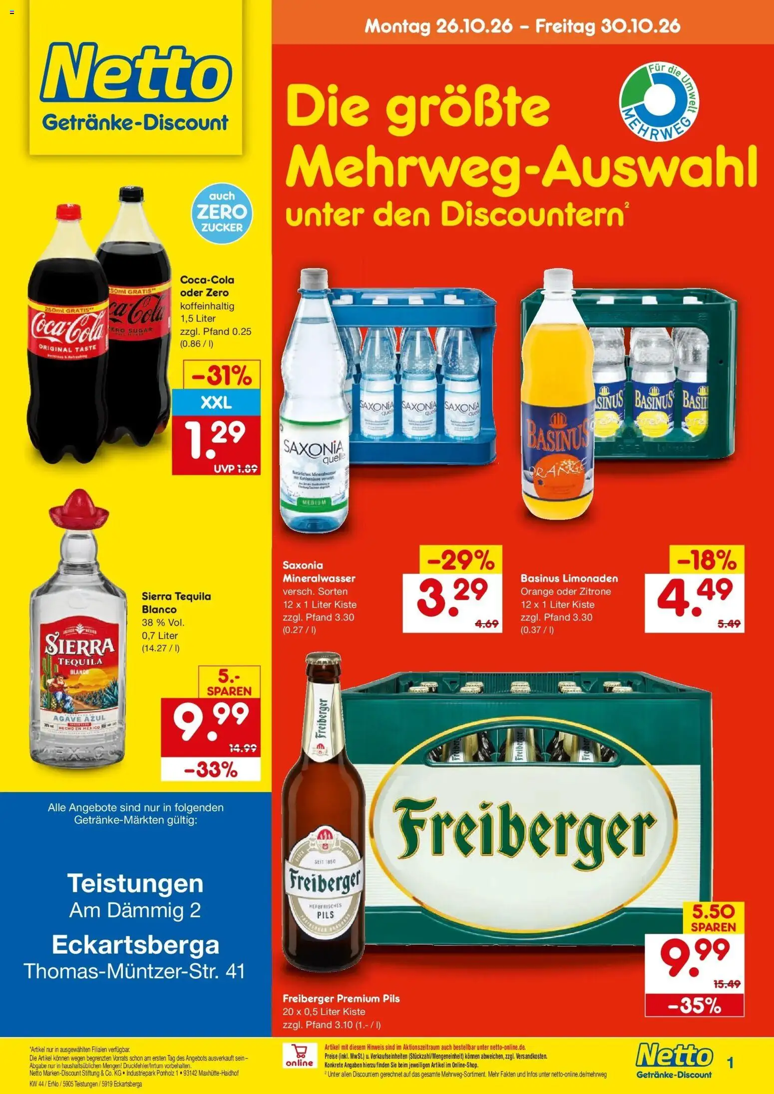 Netto Marken-Discount Prospekt Eckartsberga – gültig ab 26.10.2026 | Seite: 1 | Produkte: Cola, Pils, Mineralwasser, Tequila