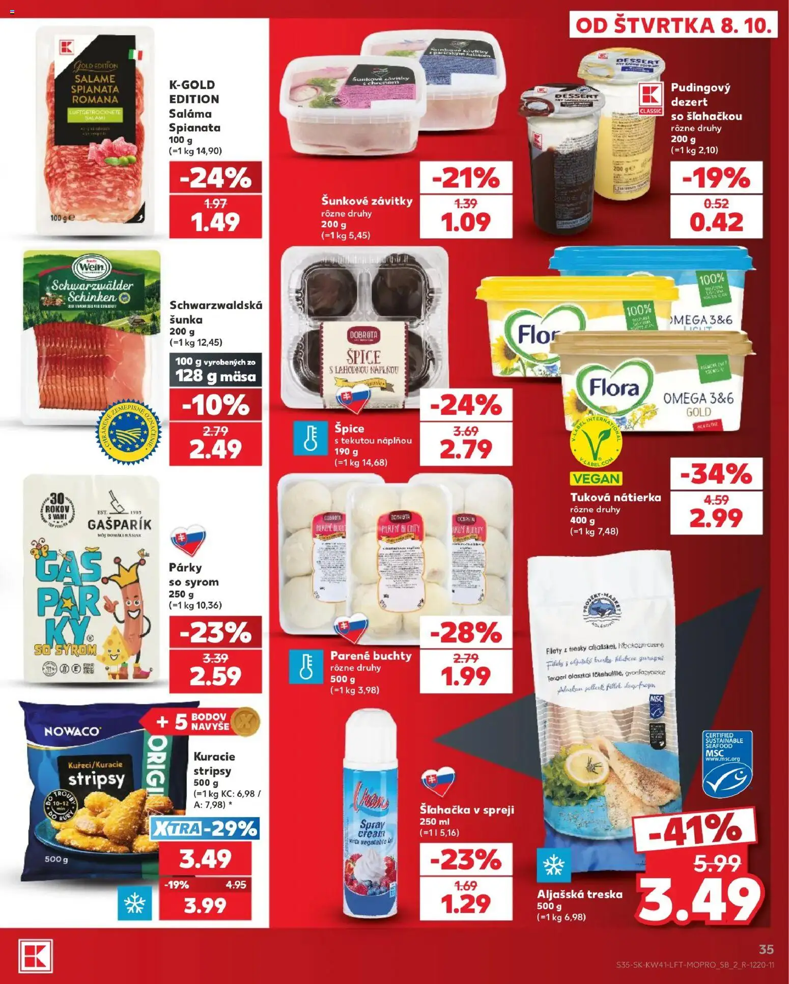 Nové Kaufland akcie – leták je platný od 08.10.2026 | Strana: 35 | Produkty: Aljašská treska, Saláma, Šľahačka v spreji, Stripsy