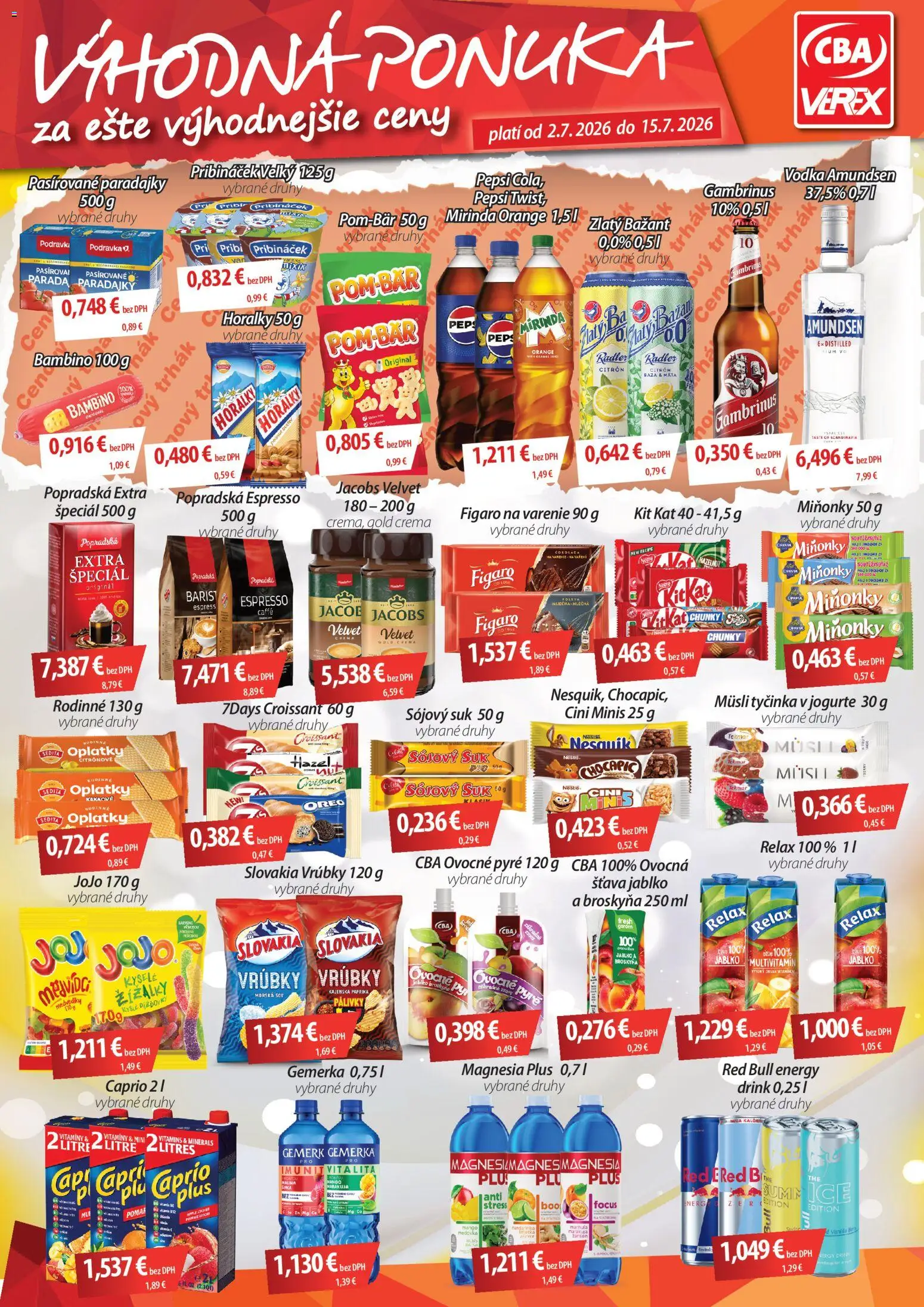 Nové CBA Verex akcie – leták je platný od 02.07.2026 | Strana: 1 | Produkty: Paprika, Croissant, Chocapic, Gemerka