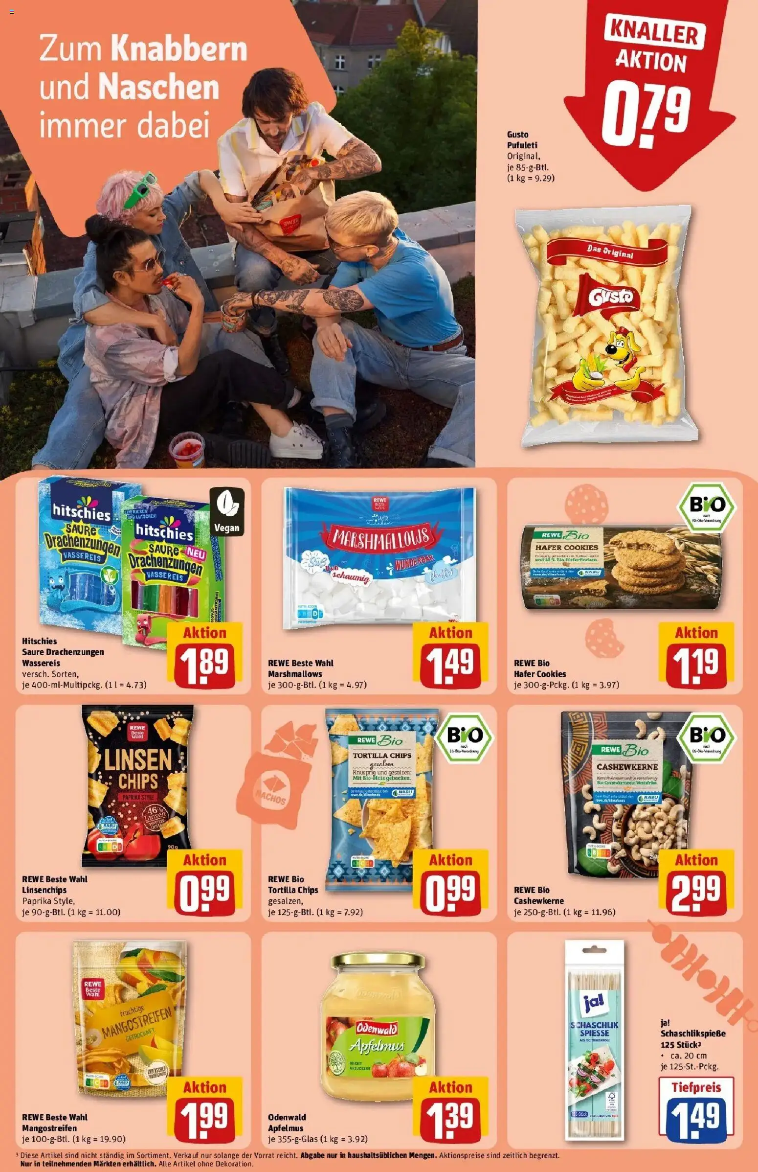 REWE Prospekt ab 10.08.2026 zum Blättern » Angebote | Seite: 19 | Produkte: Spieße, Paprika, Chips, Apfelmus