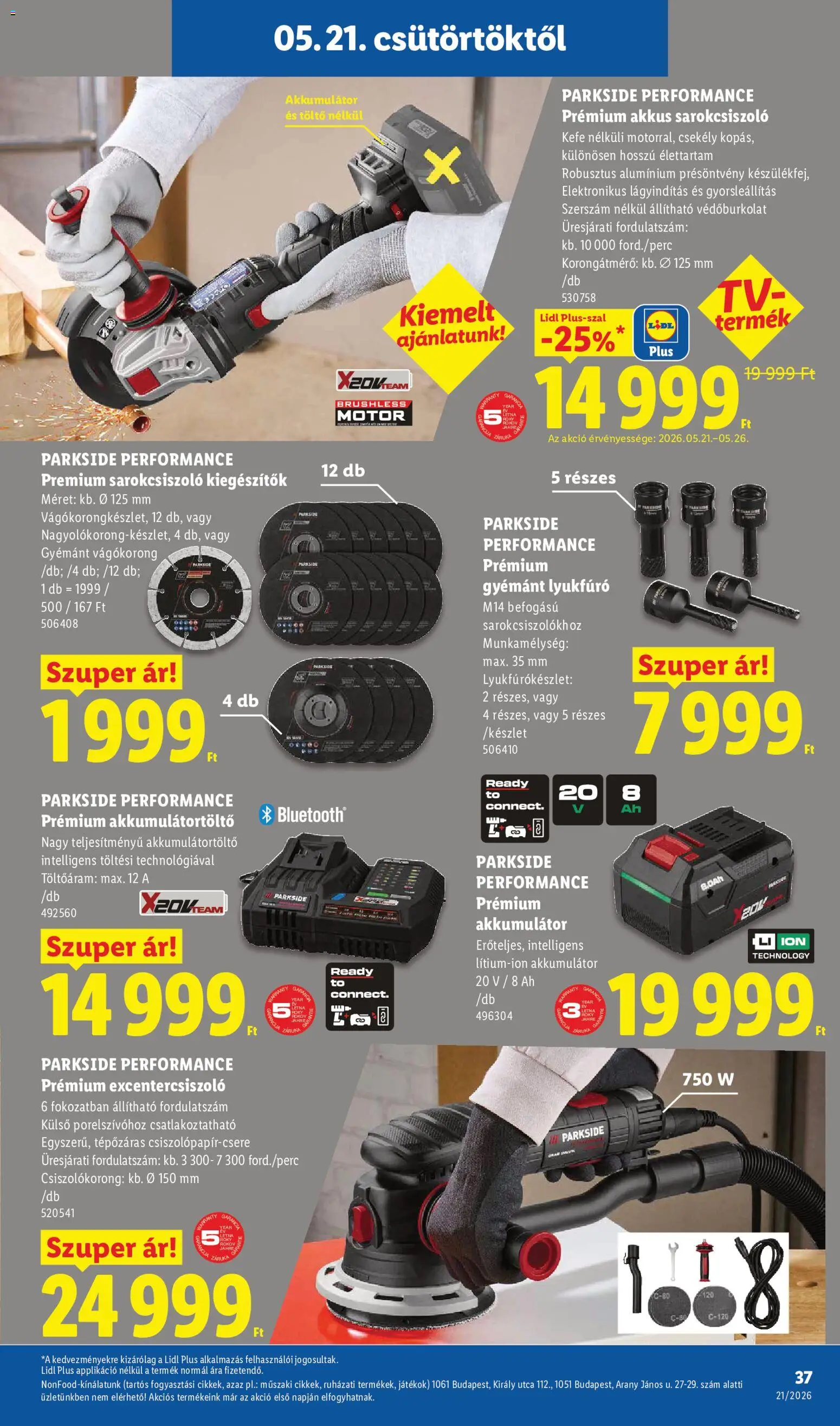 Lidl akciós ujság - amely érvényes a következő dátumtól: 21.05.2026 | Oldal: 37 | Termékek: Sarokcsiszoló, Akkumulátor, Töltő, Kefe